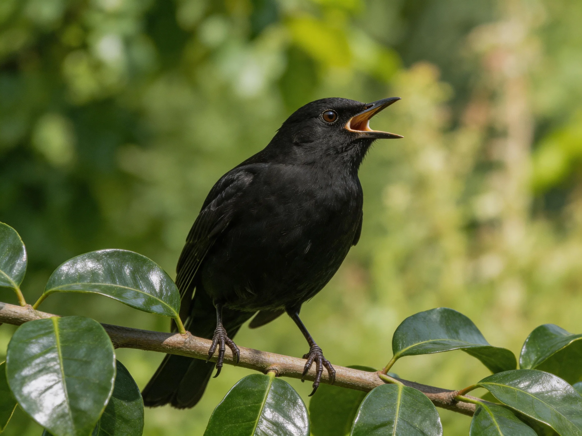 A black bird perched on a leafy branch with open beak