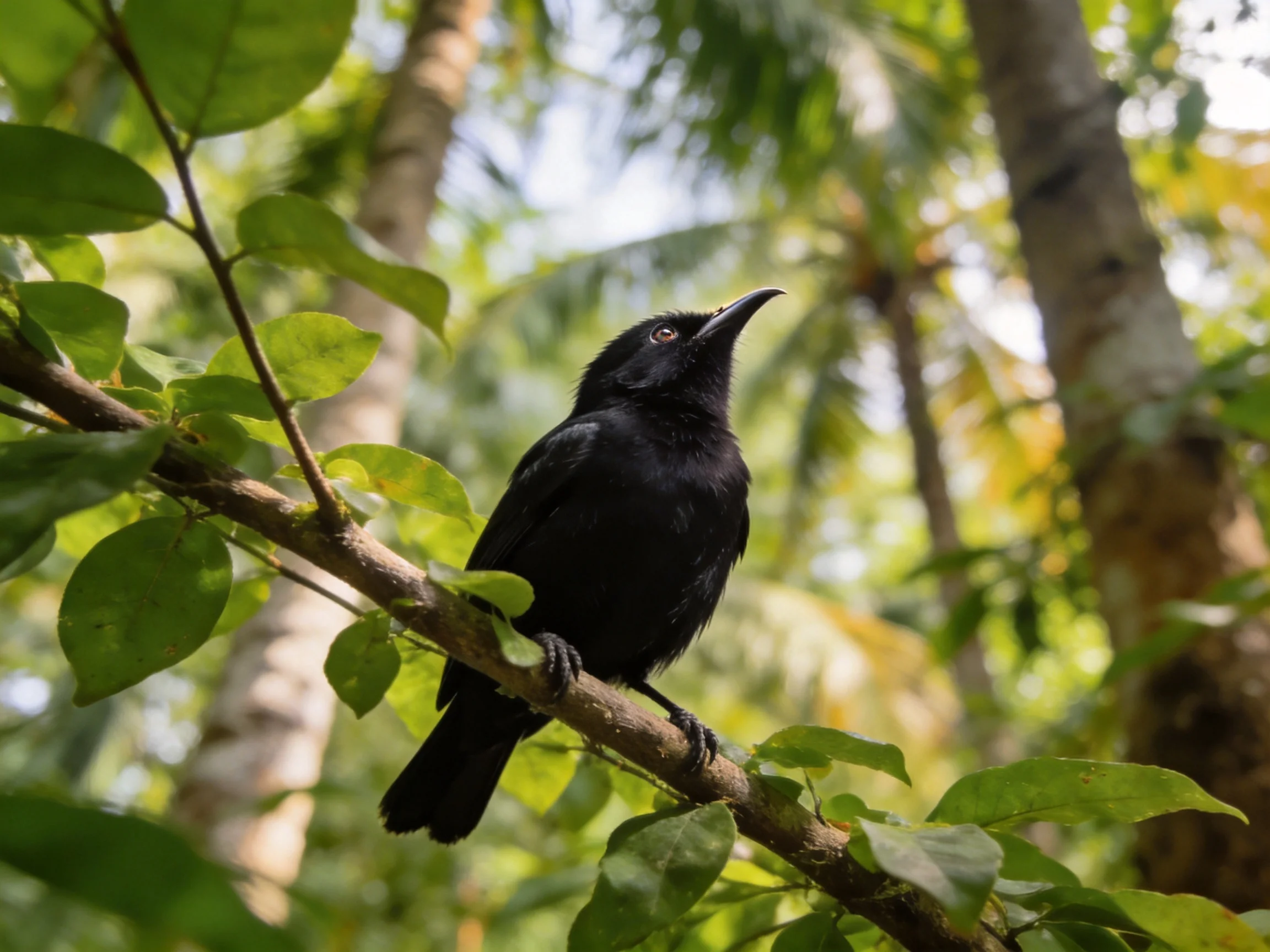 A black bird perched on a leafy forest branch