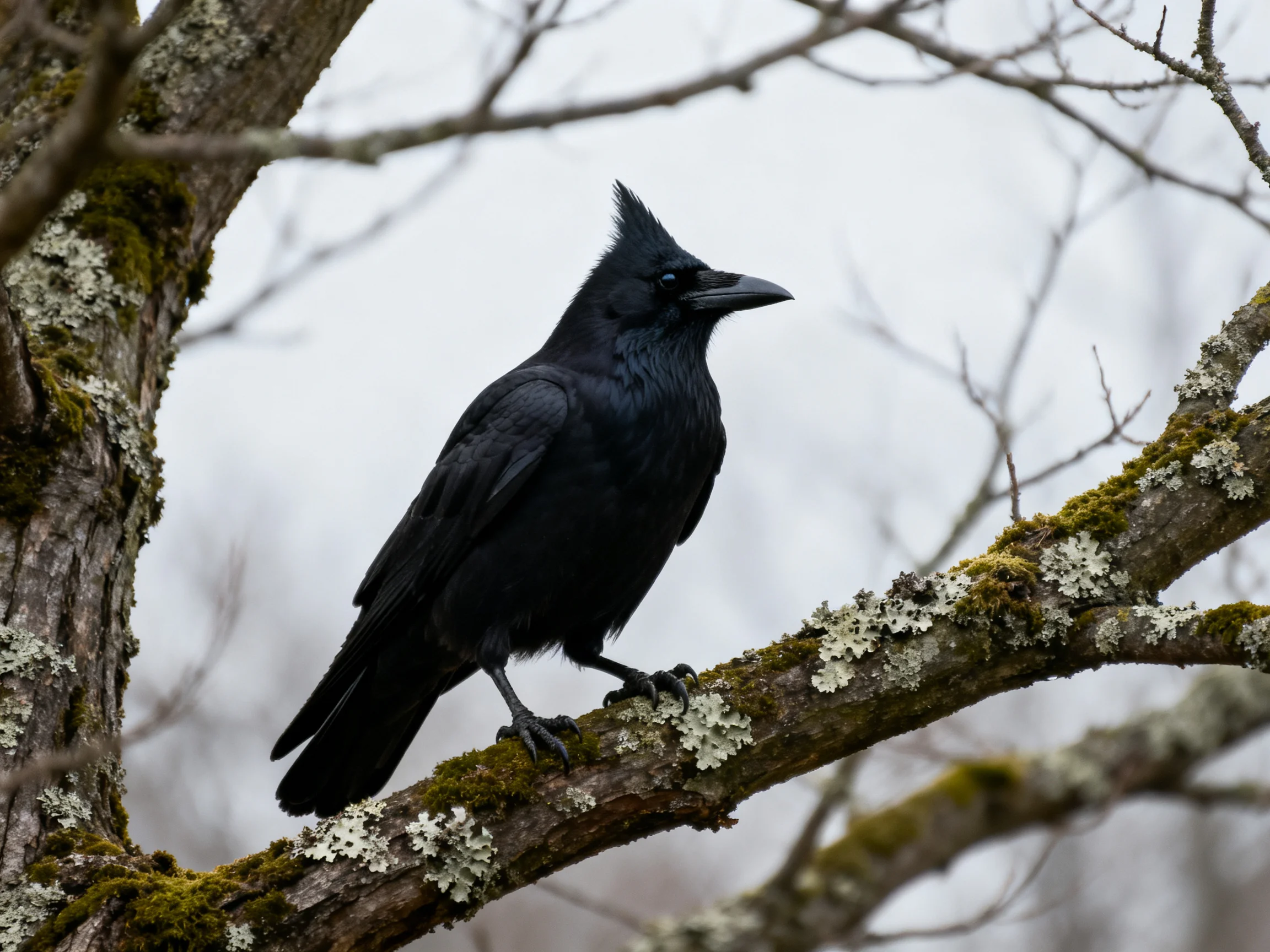 A black bird perched on a mossy, lichen-covered tree branch
