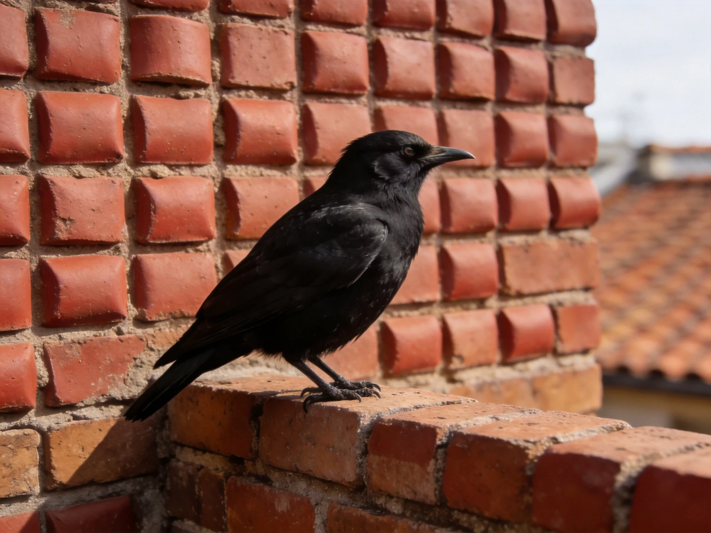 A black bird perched on a textured red brick wall