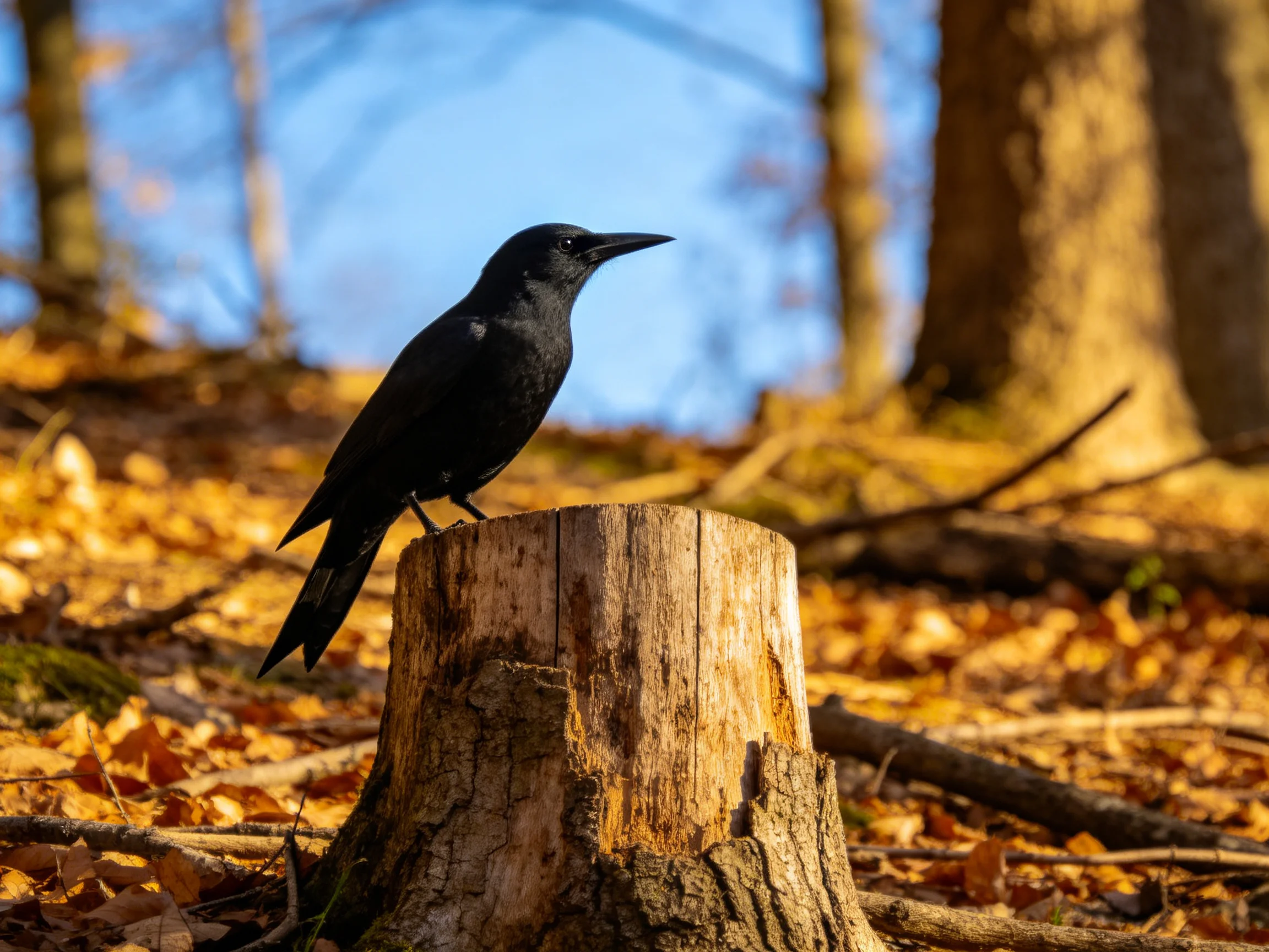 A black bird perched on a weathered tree stump in autumn woods