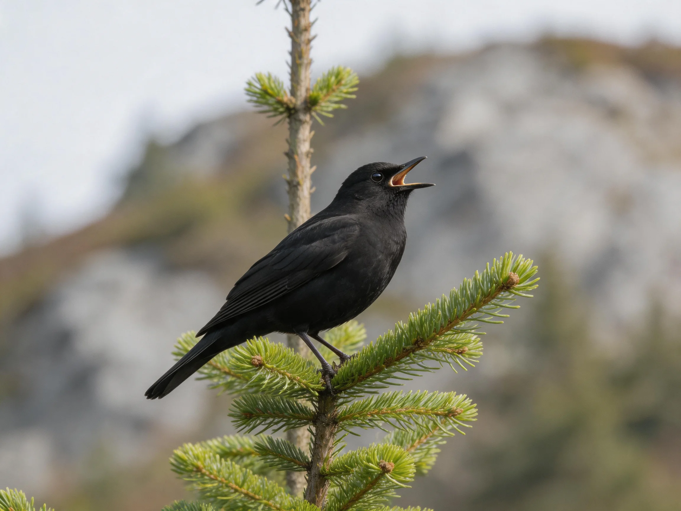 A black bird perched on green pine branches near rocky terrain