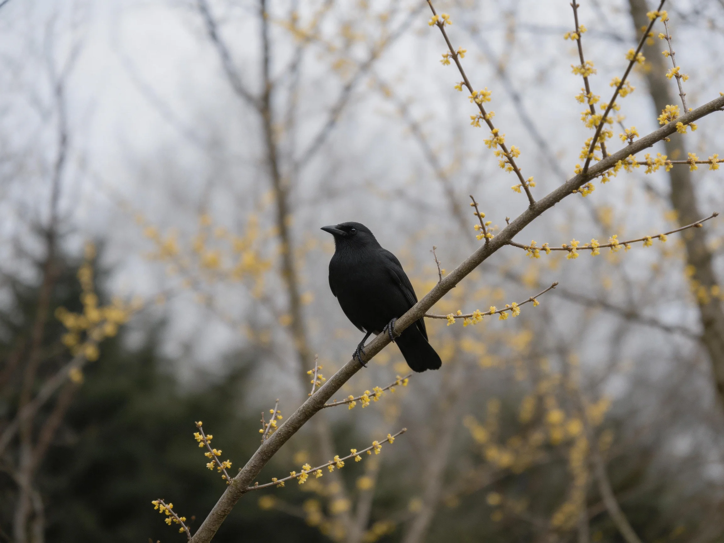 A black bird perches on a branch with yellow blossoms