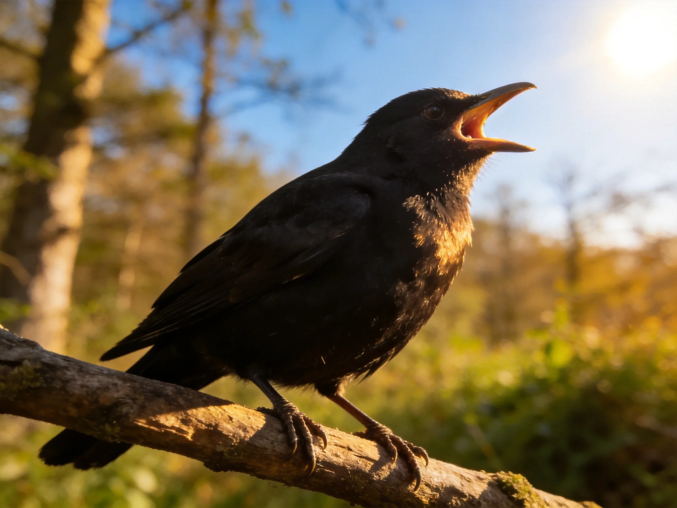 A black bird singing on a wooden tree branch in sunlight