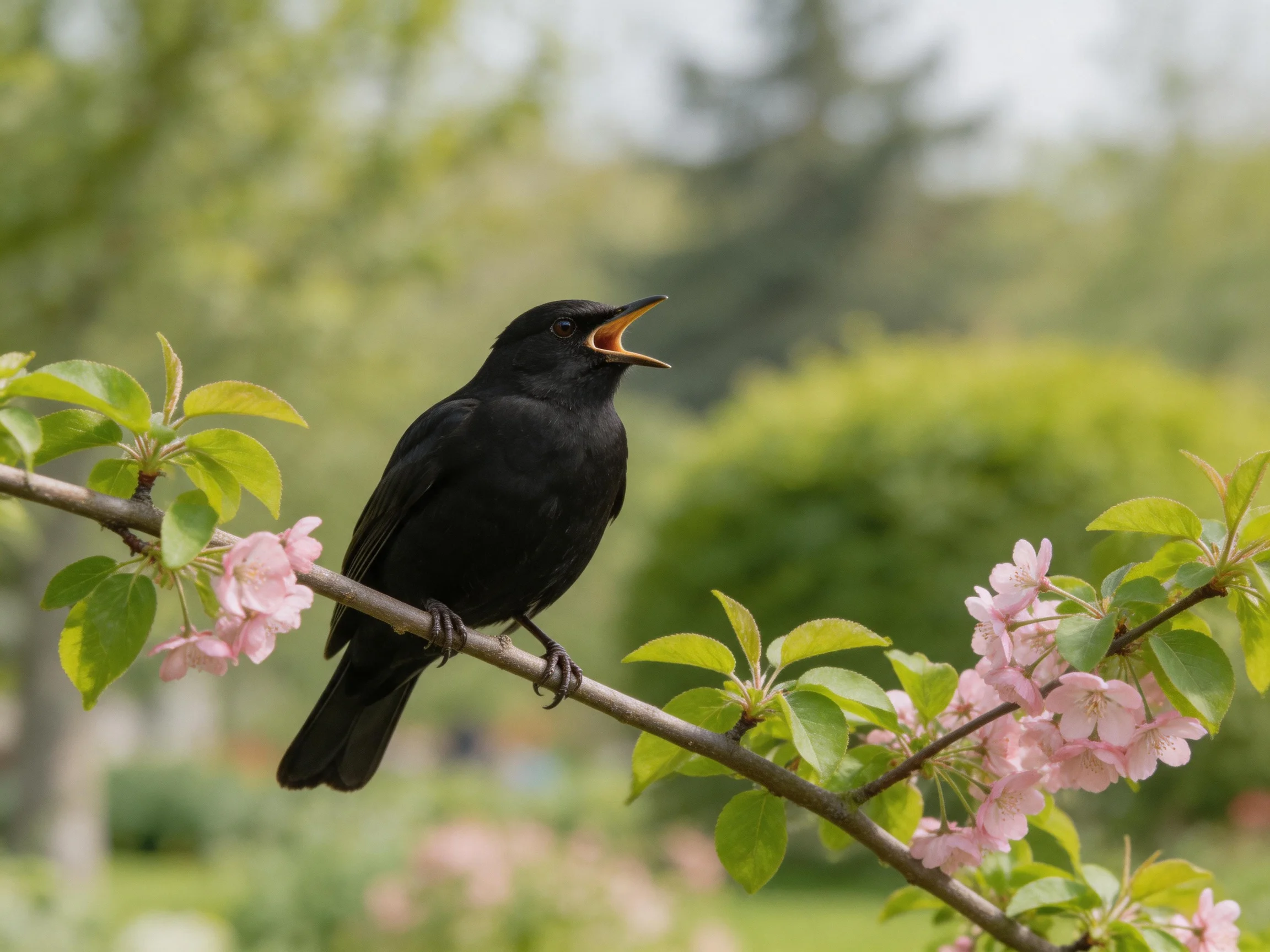 A black bird sings from a flowering tree branch with pink blossoms
