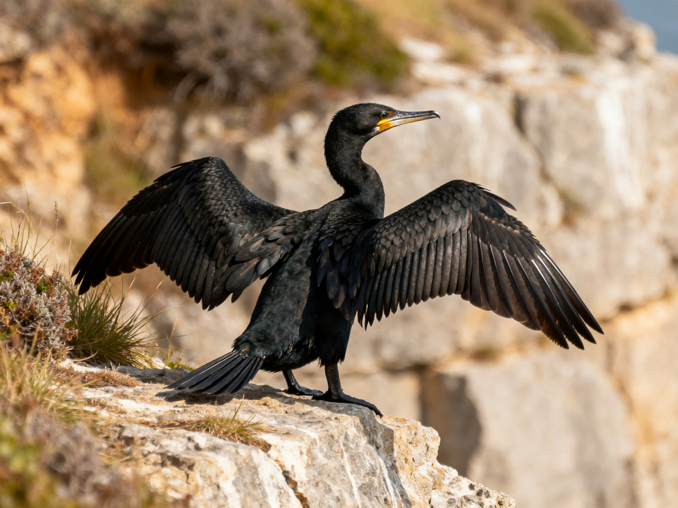 A black bird spreading wings on a rocky cliffside