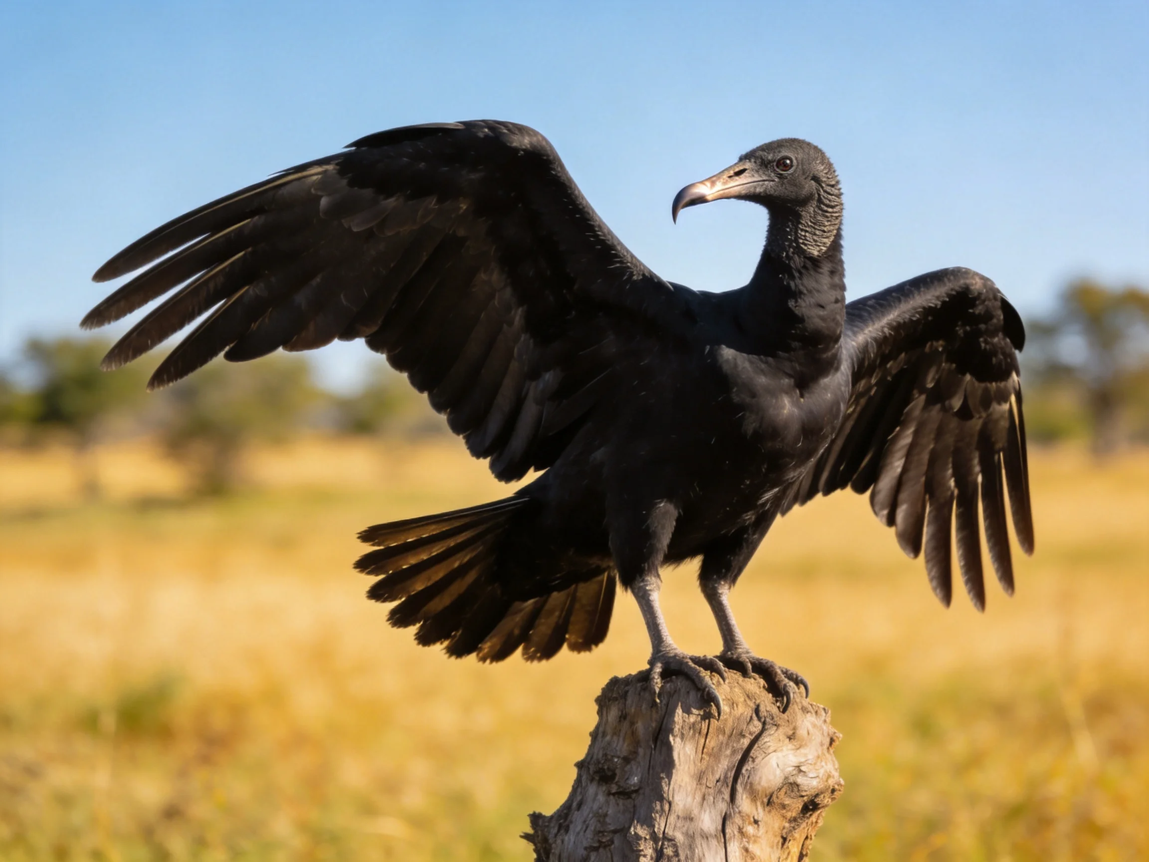 A black bird spreads wings atop a weathered tree stump