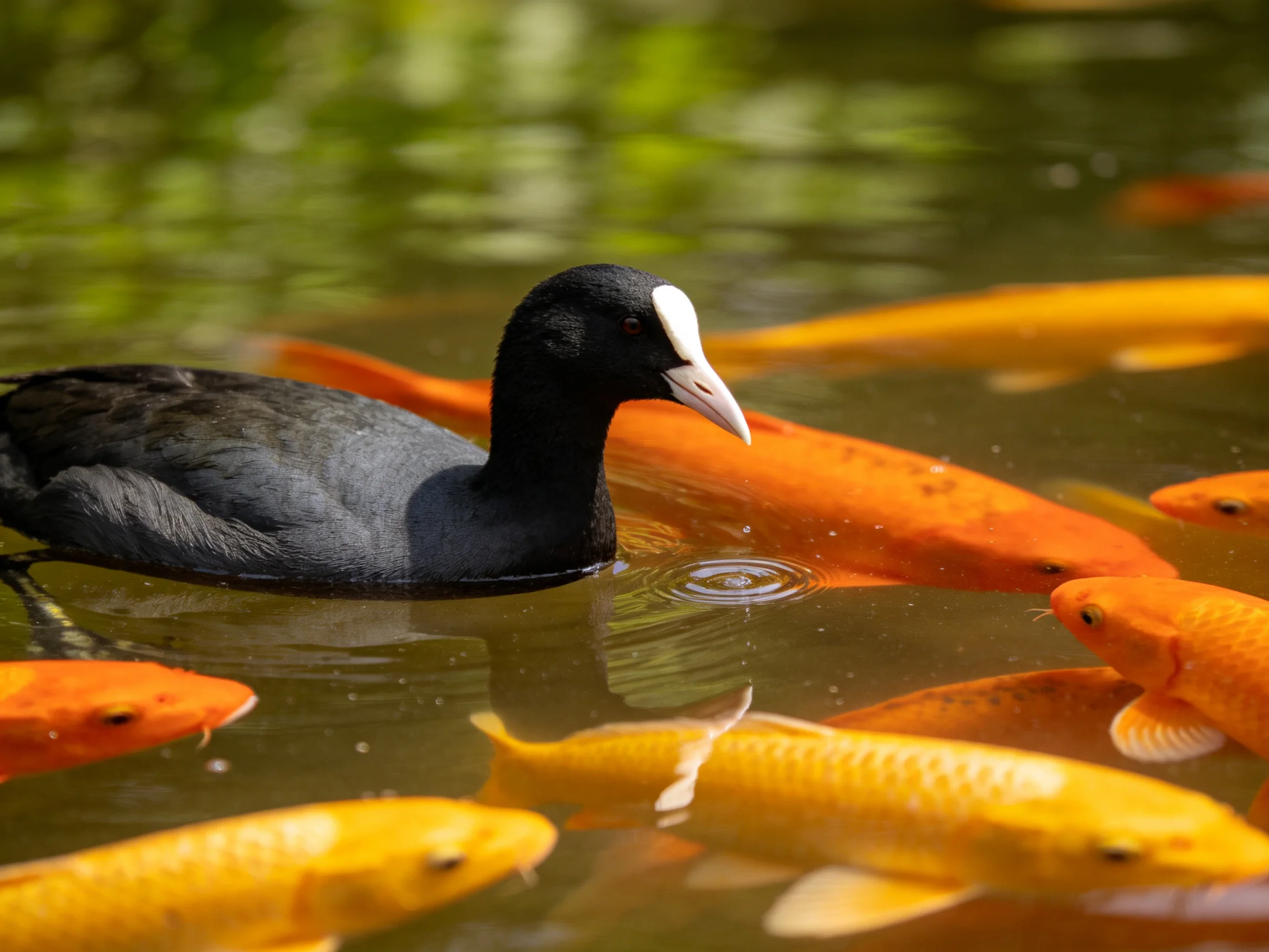 A black bird shares a pond with orange and yellow koi fish