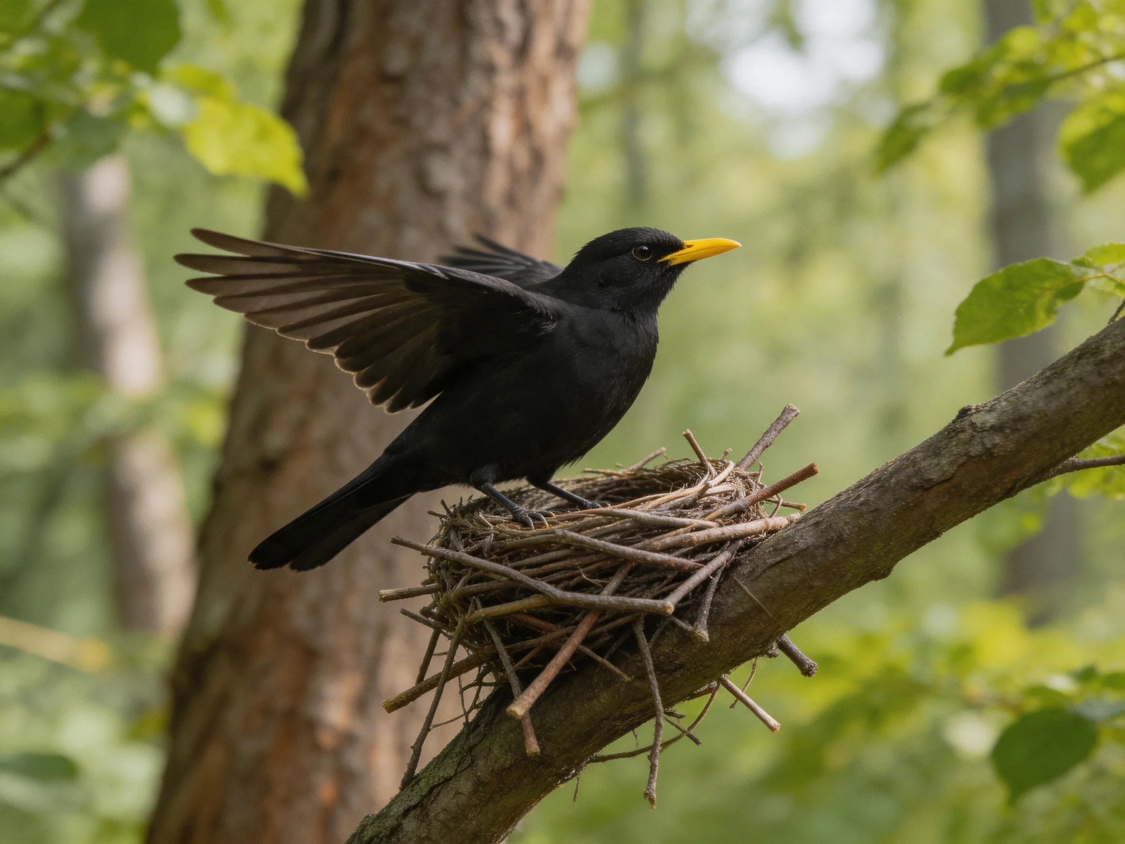 A black bird with a bright yellow beak perches on a twig nest