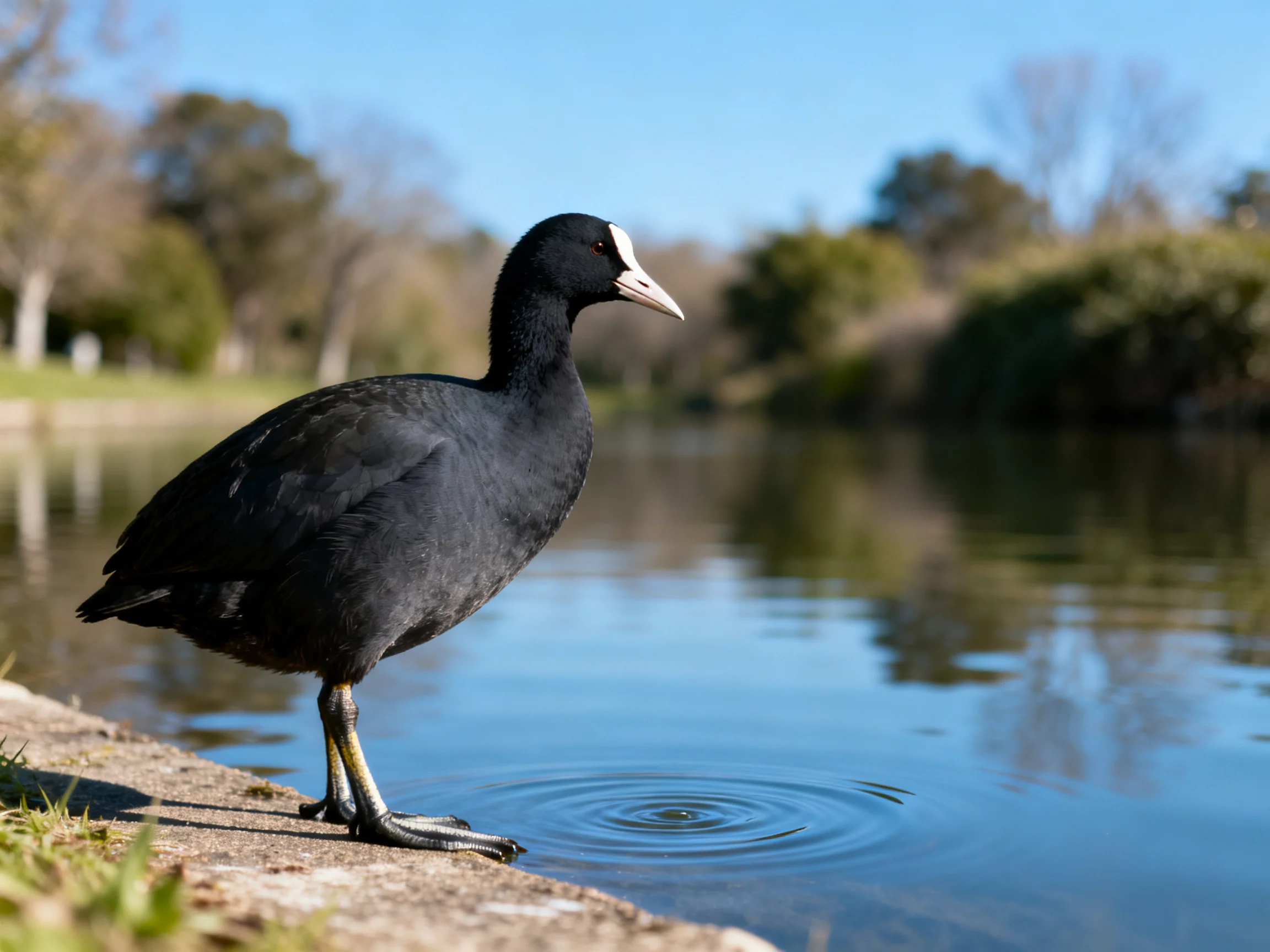 A black bird with a white facial marking stands by a calm waterway