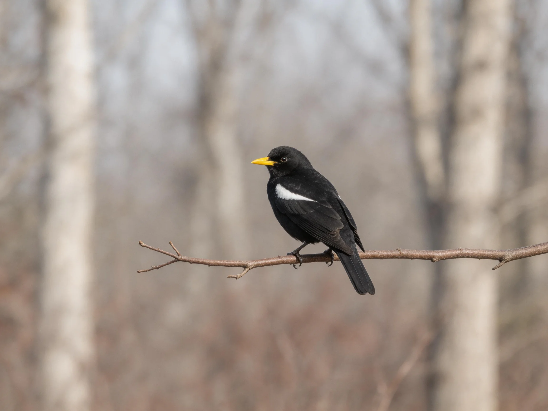 A black bird with a white wing patch perches on a thin branch