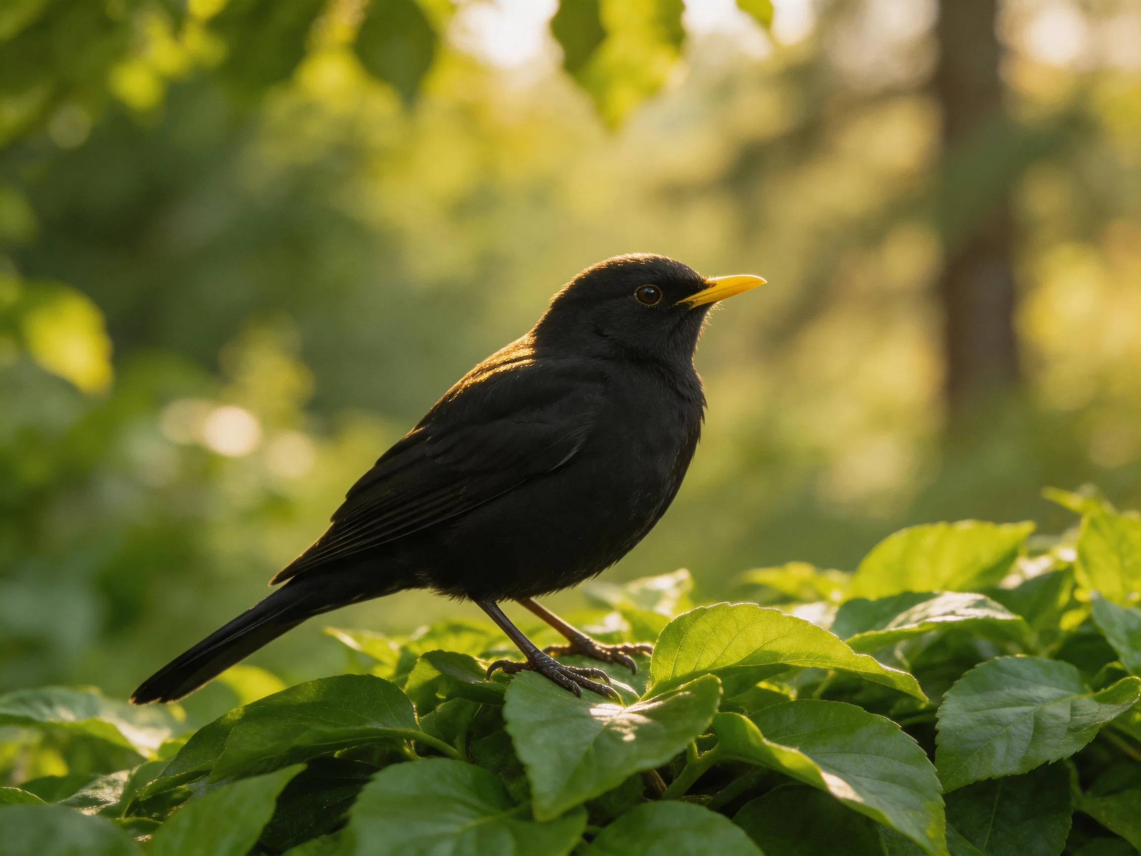 A black bird with a yellow beak perched on lush green foliage
