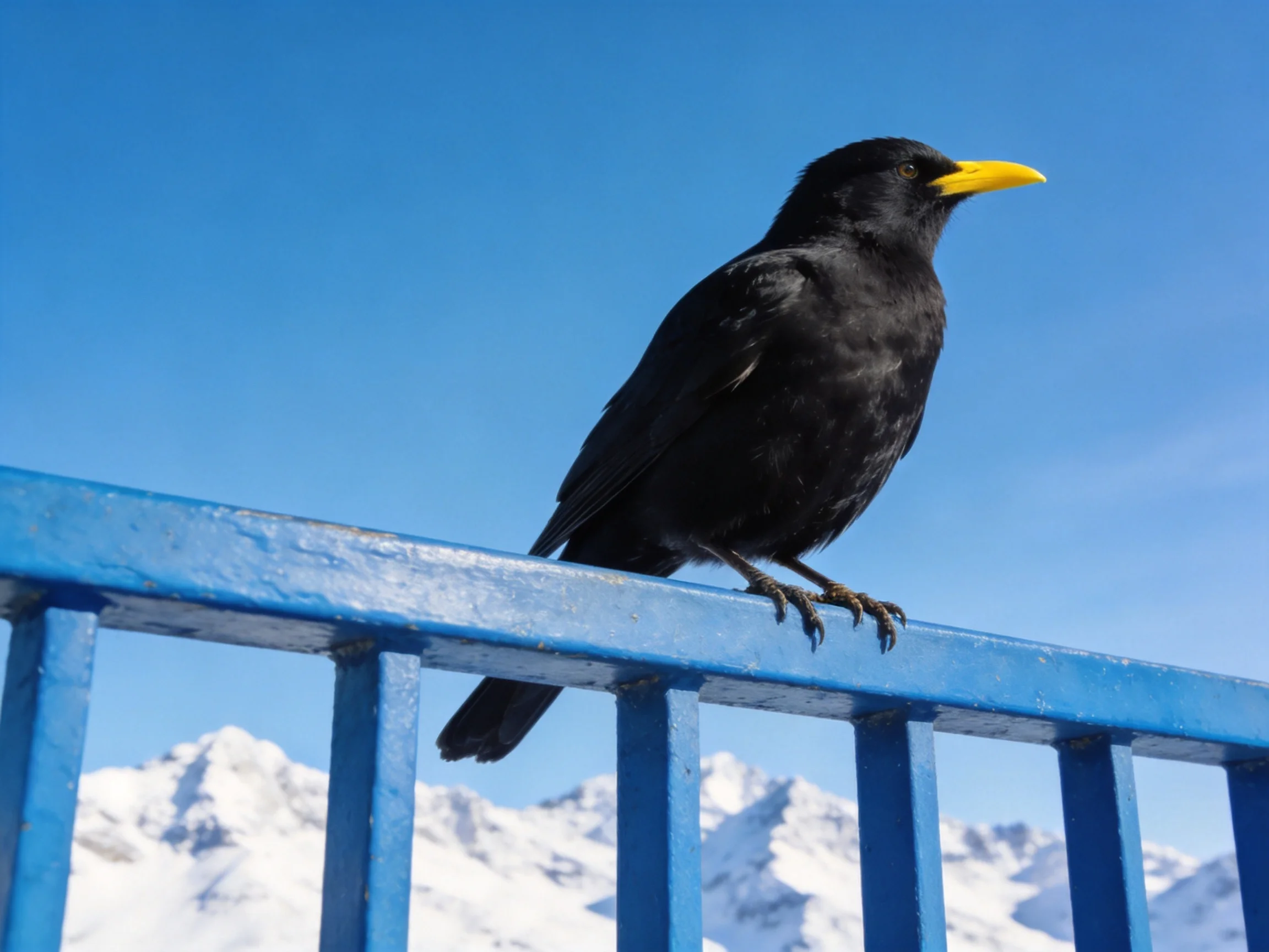 A black bird with a yellow beak perches on a blue railing near snow - capped mountains
