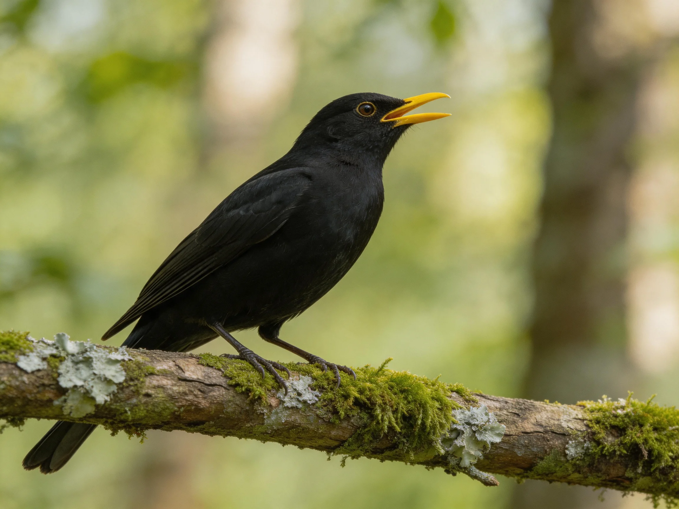A black bird with a yellow beak perches on a moss-covered branch