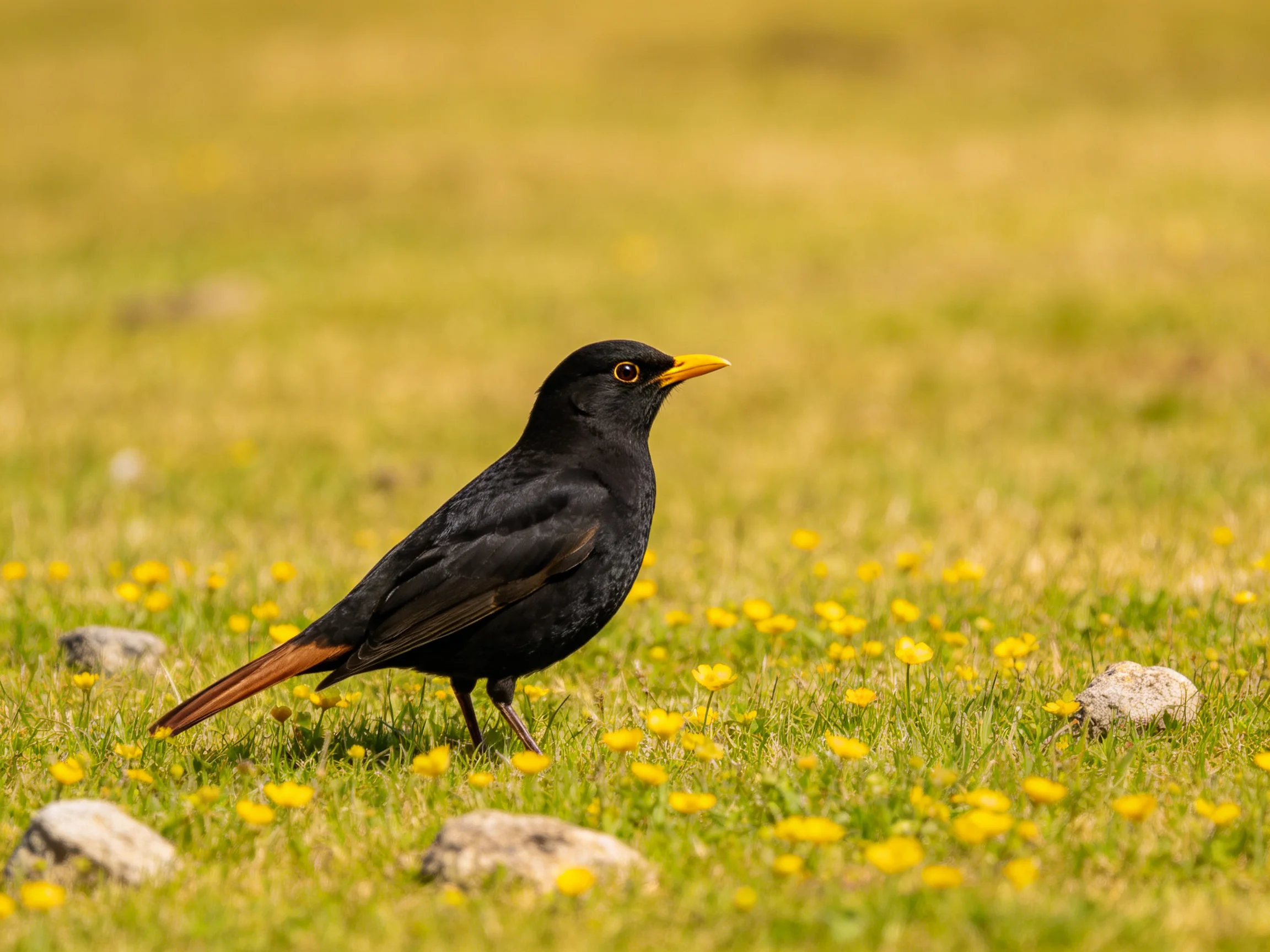 A black bird with a yellow beak forages in a grassy field dotted with yellow flowers and rocks.