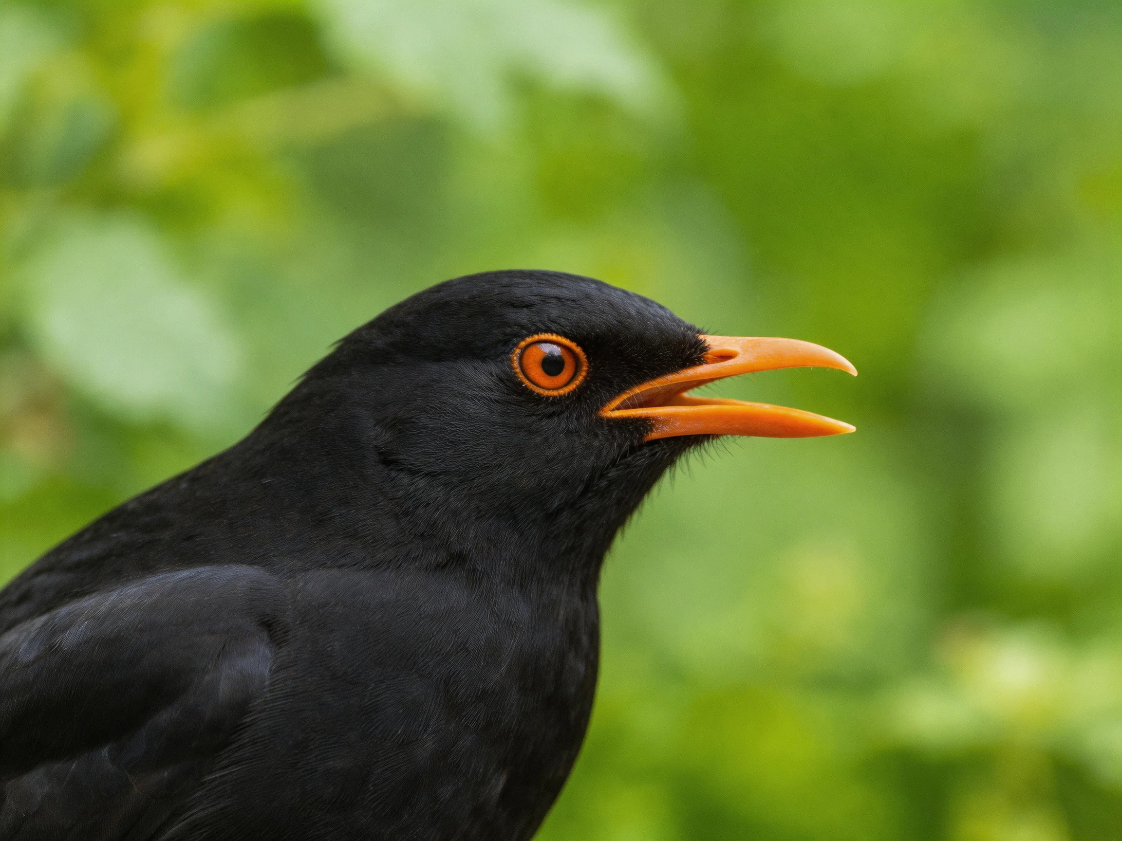 A black bird with an orange beak and eye amidst green foliage
