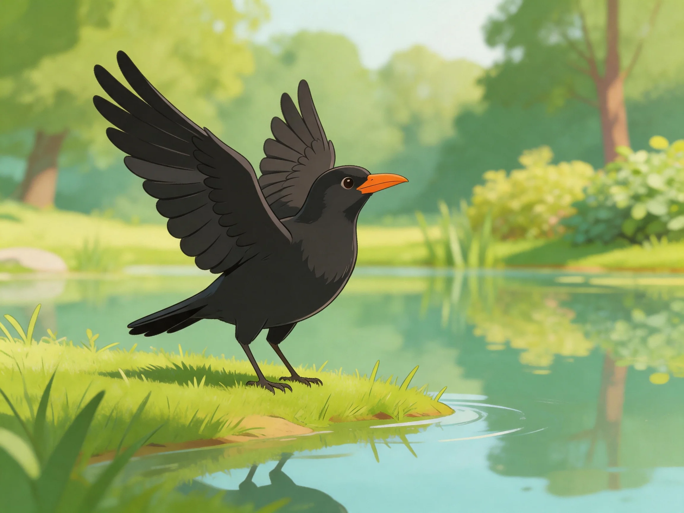 A black bird with an orange beak near a calm pond