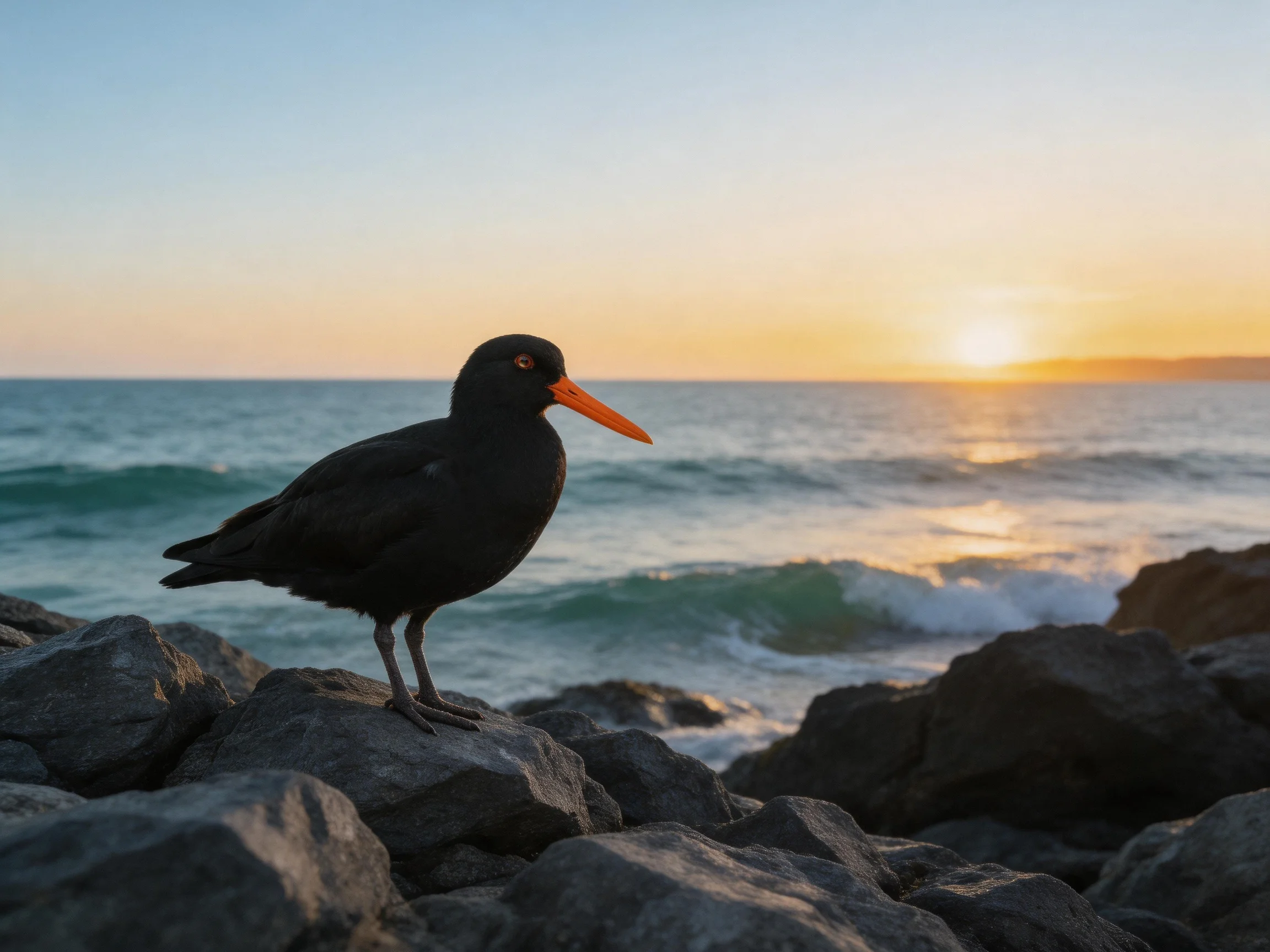 A black bird with an orange beak perched on rocky shore during sunset