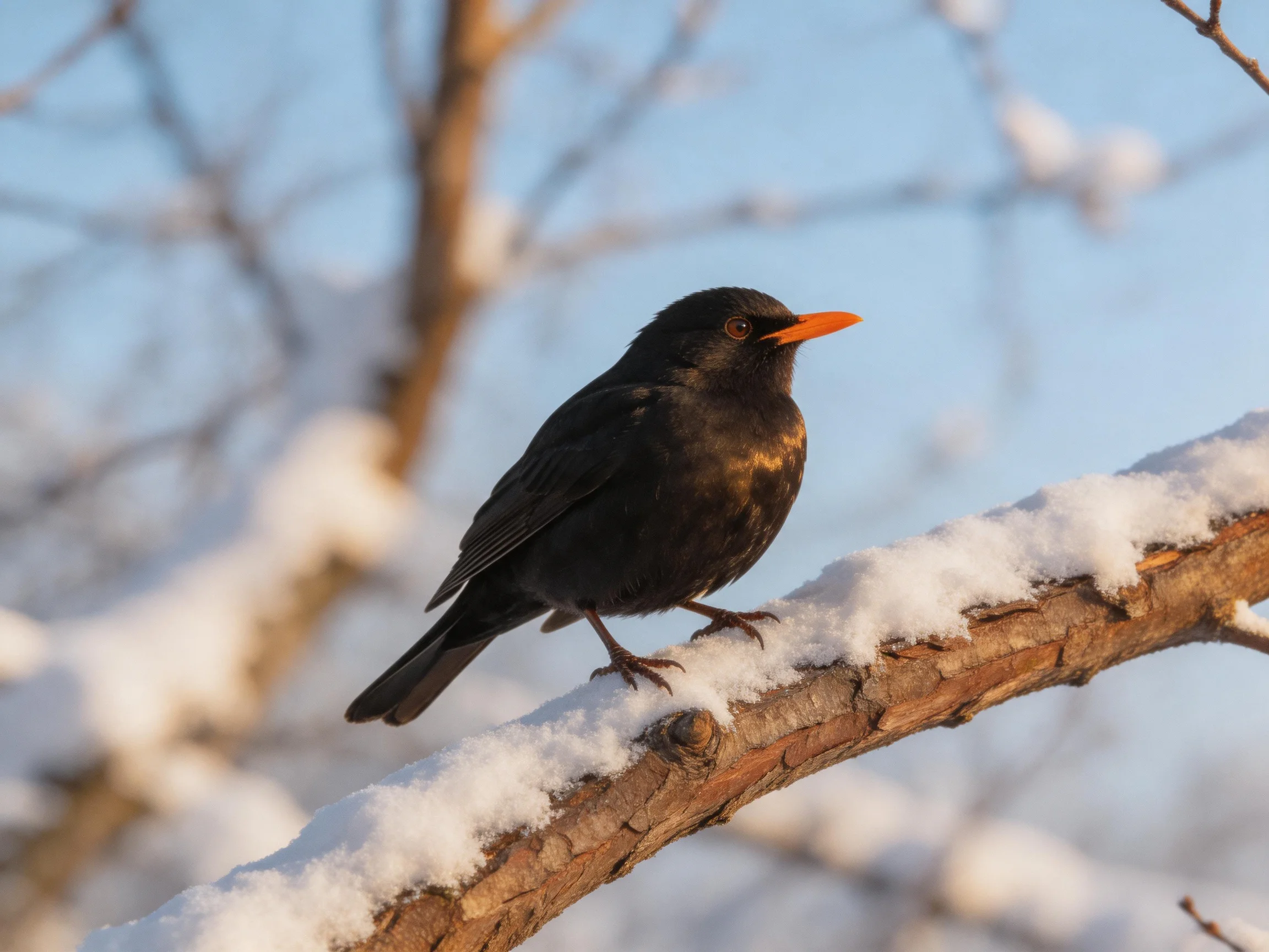 A black bird with an orange beak perches on a snowy tree branch