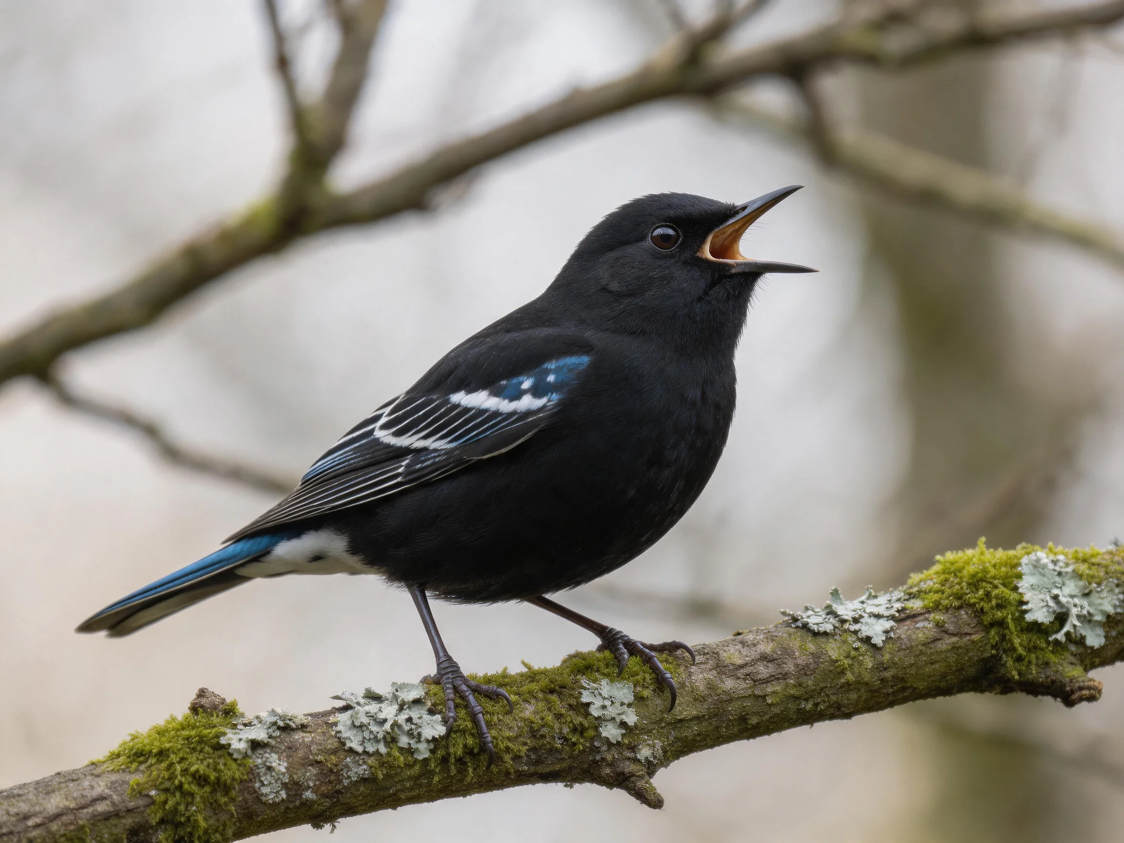 A black bird with blue wing markings perches on a lichen-covered branch