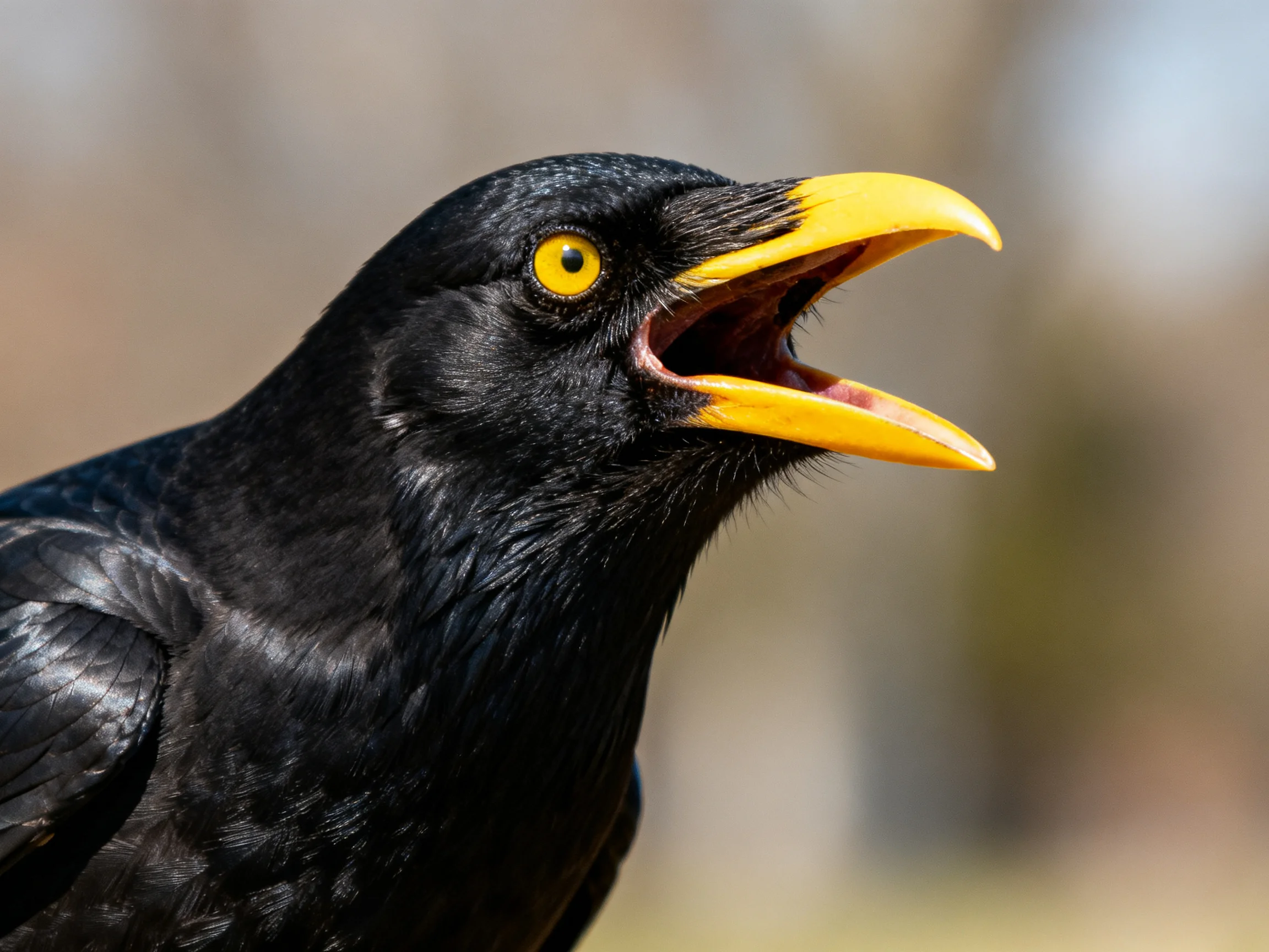 A close - up of a black bird with an open beak and vibrant yellow facial features.