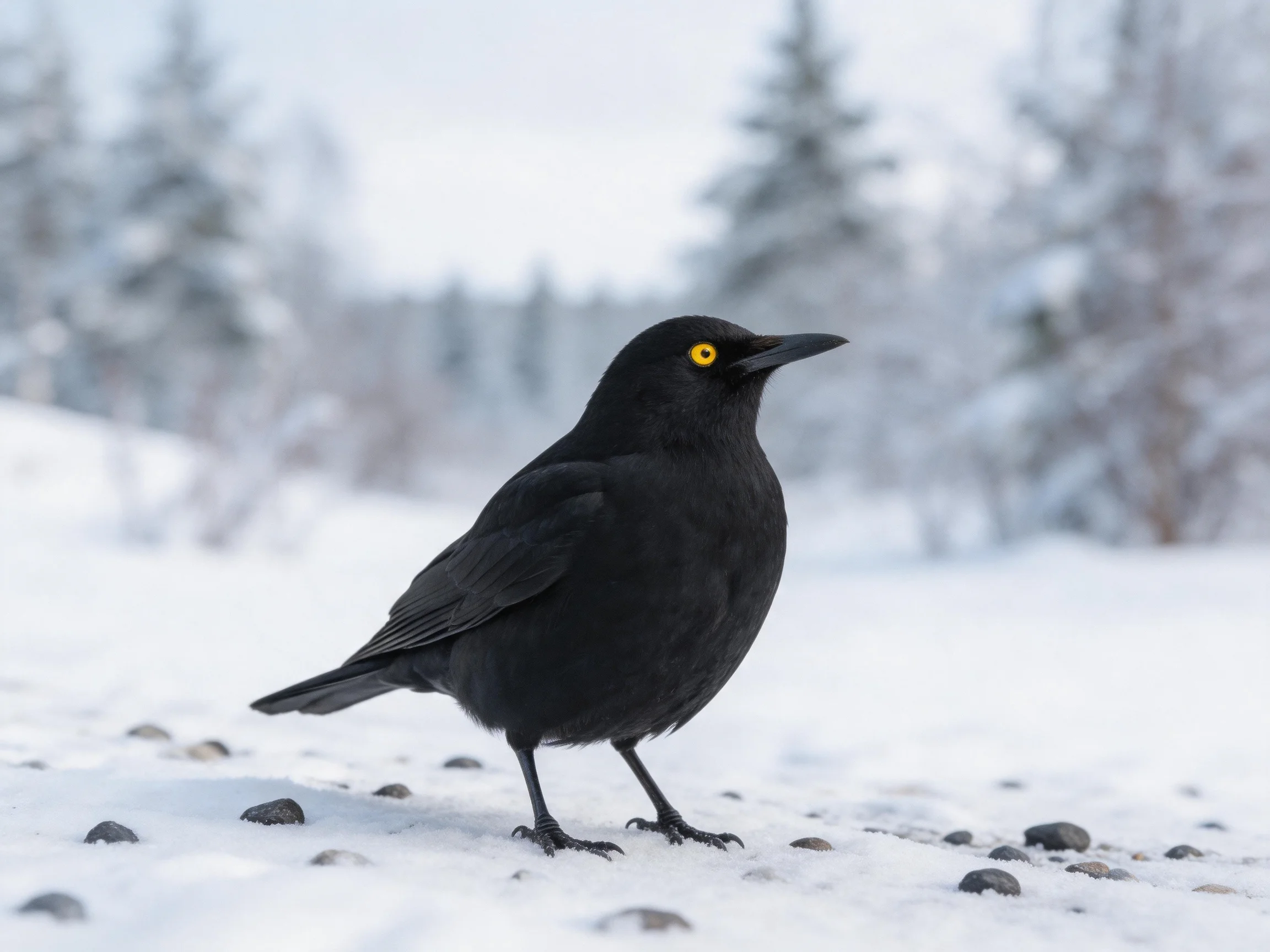 A black bird with bright yellow eyes stands on snowy terrain near rocks