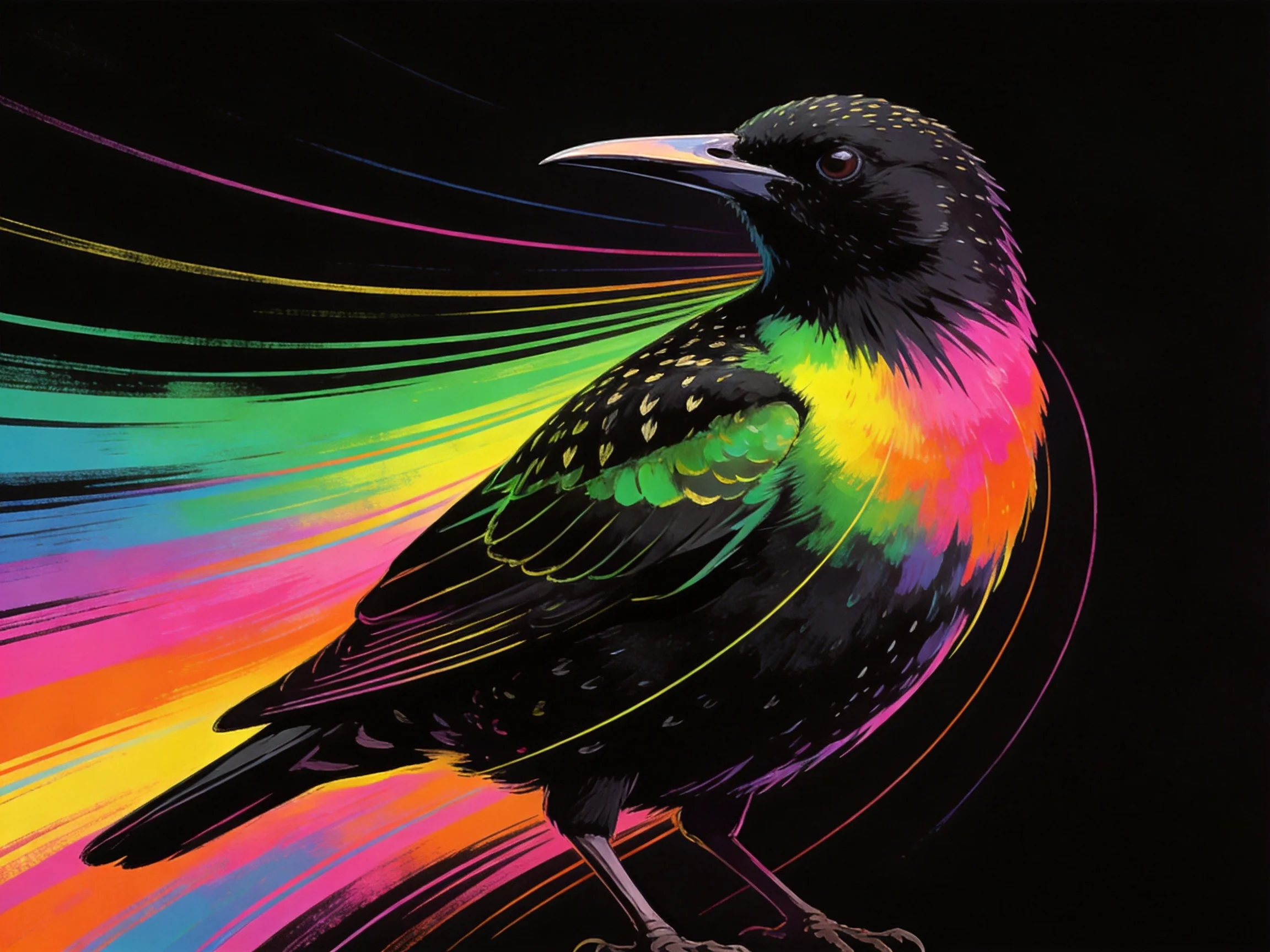A black bird with colorful plumage and rainbow motion trails
