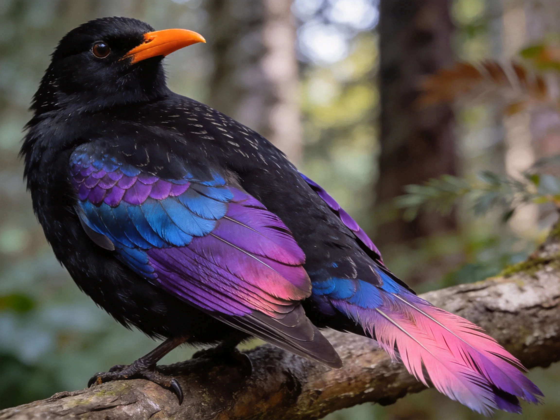 A black bird with iridescent purple, blue, and pink plumage perched on a branch