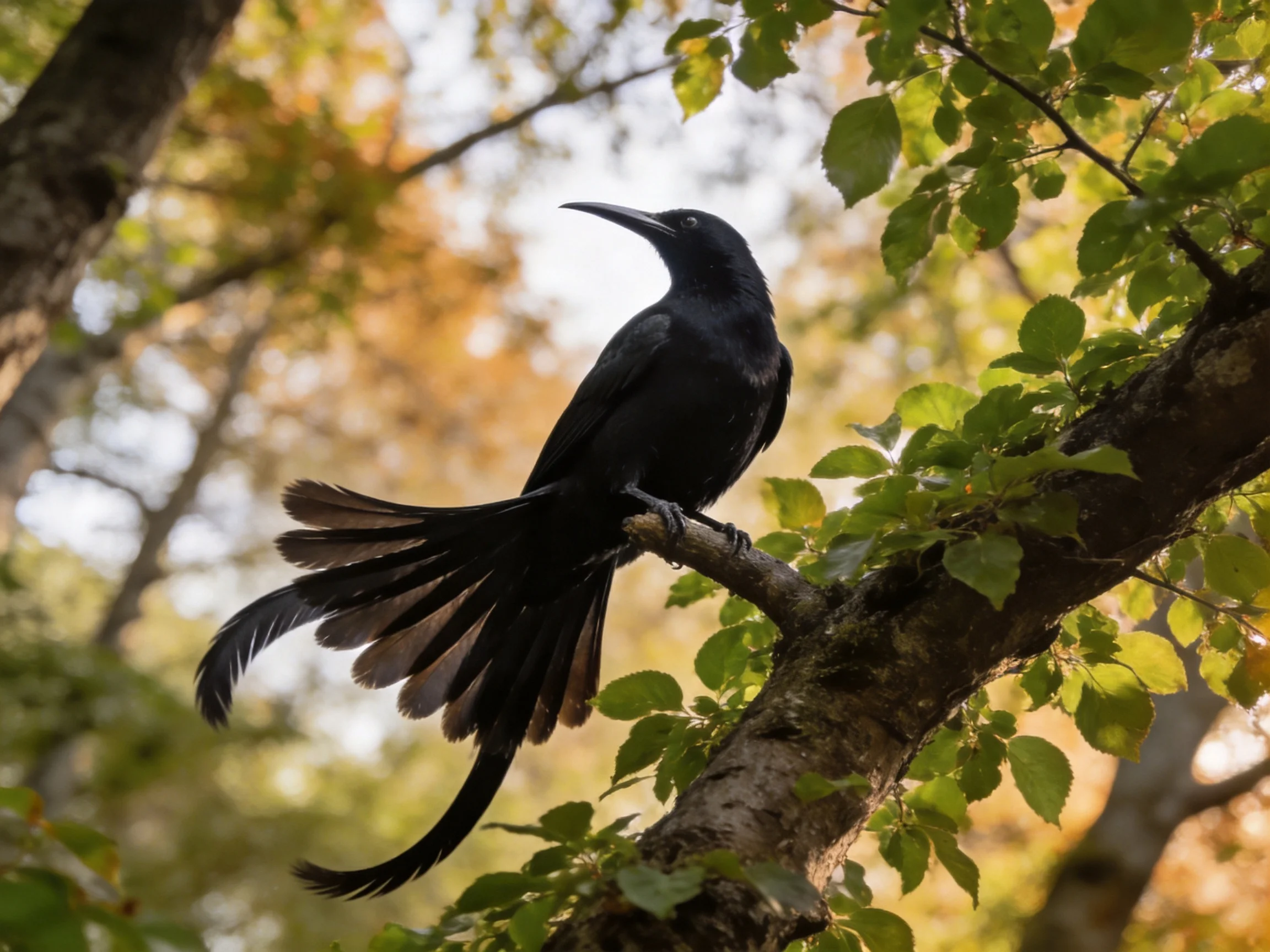 A black bird with long tail perched on a leafy tree branch