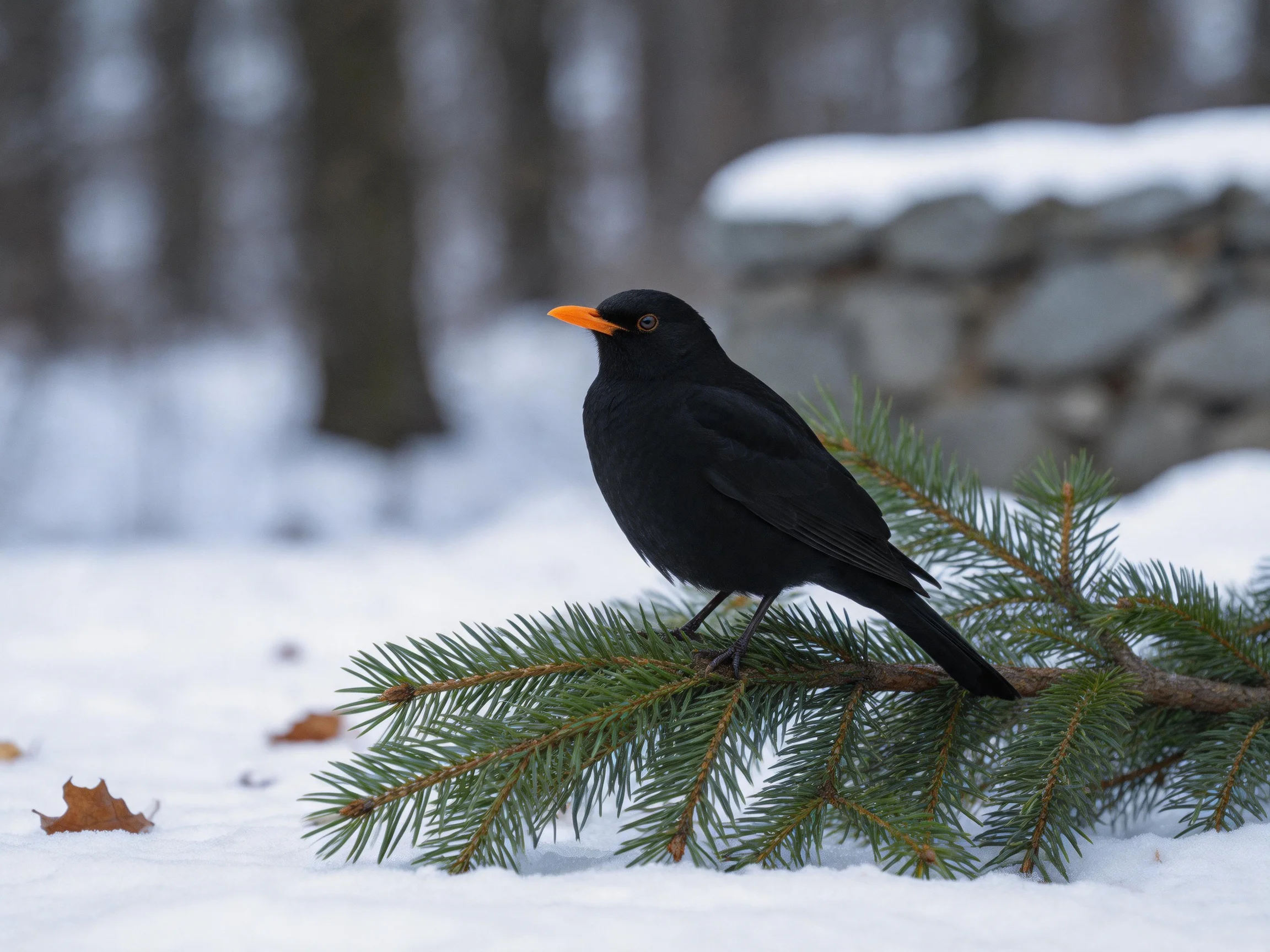 A black bird with orange beak perched on a pine branch in a snowy forest