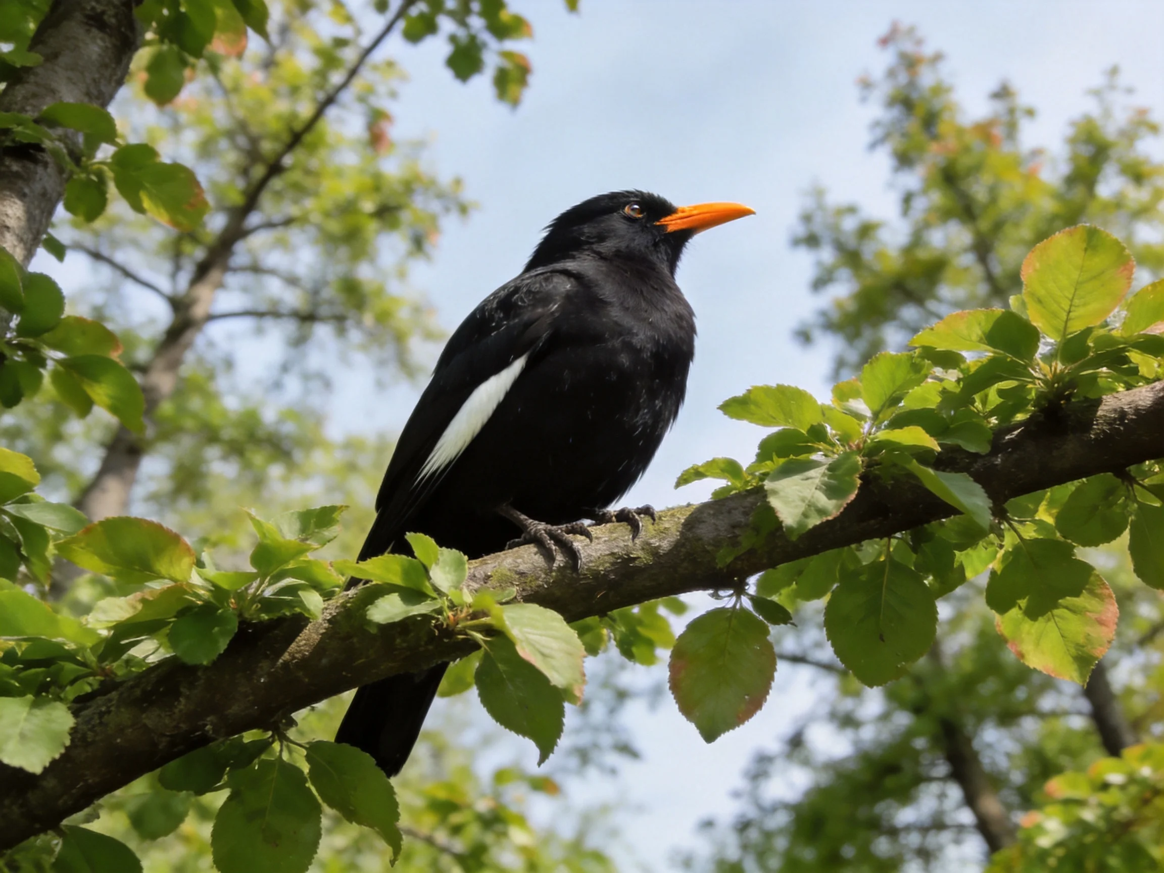 A black bird with orange beak perches on a leafy branch