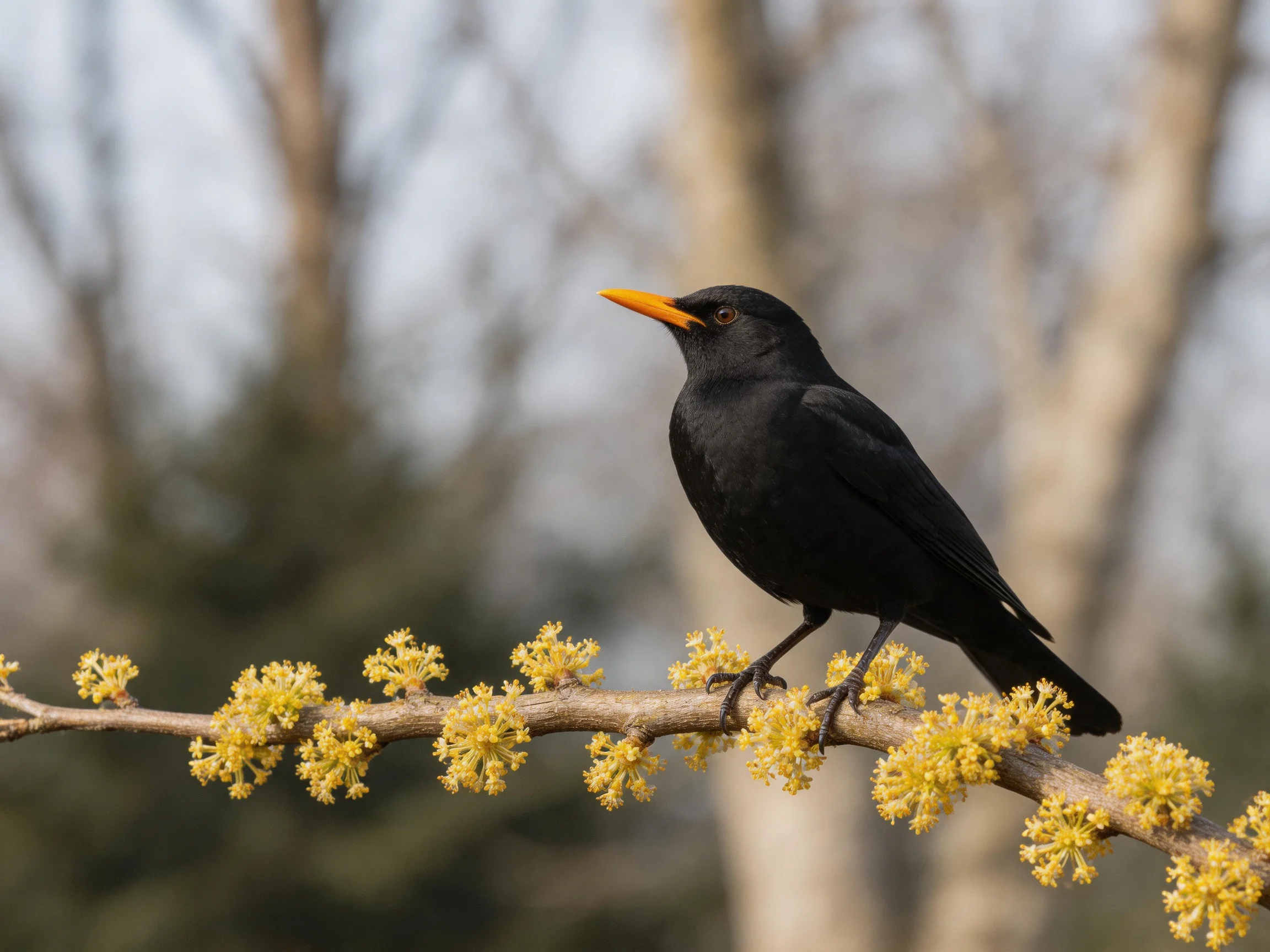 A black bird with orange beak perches on flowering branch