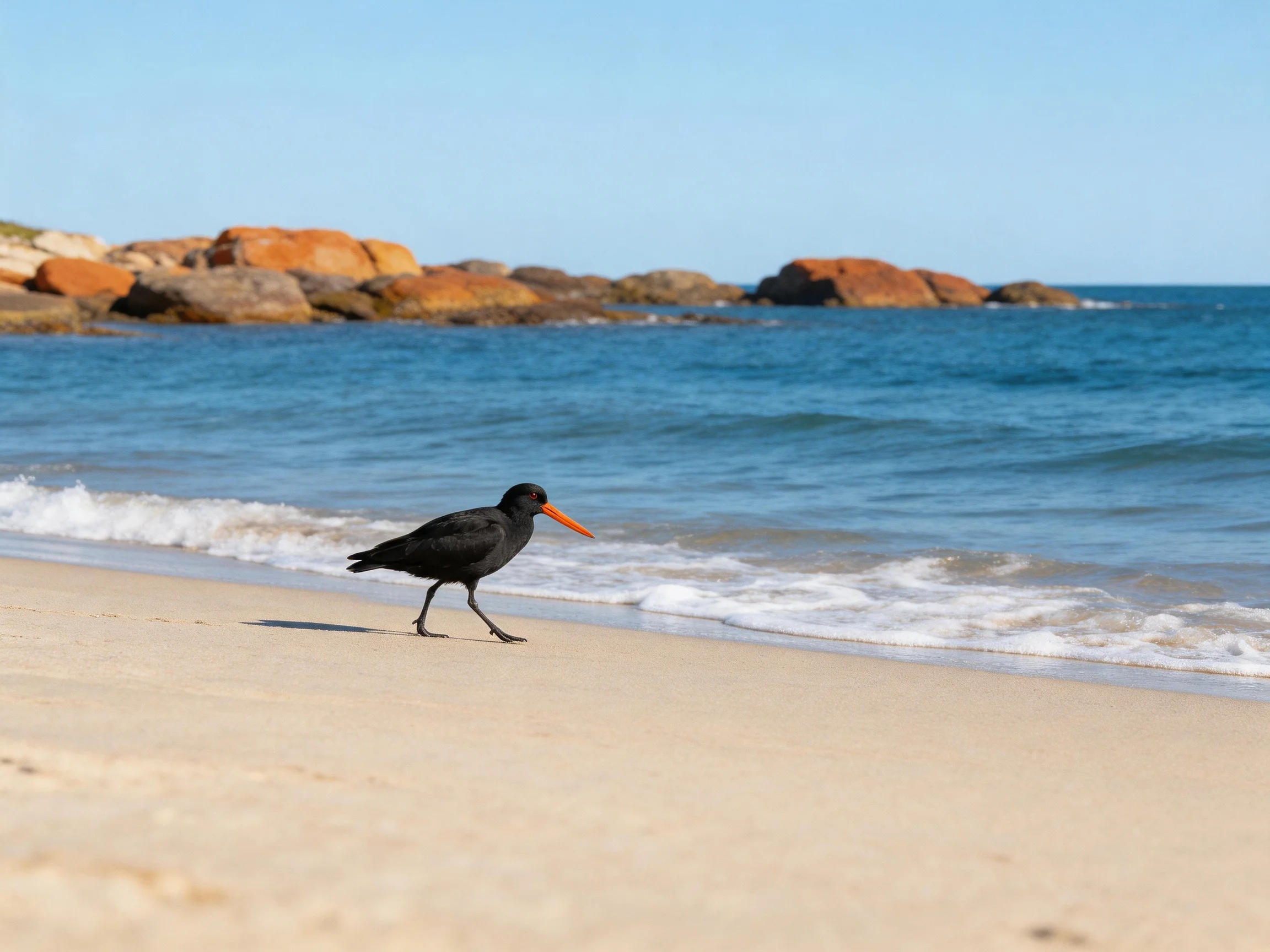 A black bird with orange beak walking on sandy beach near rocky shoreline