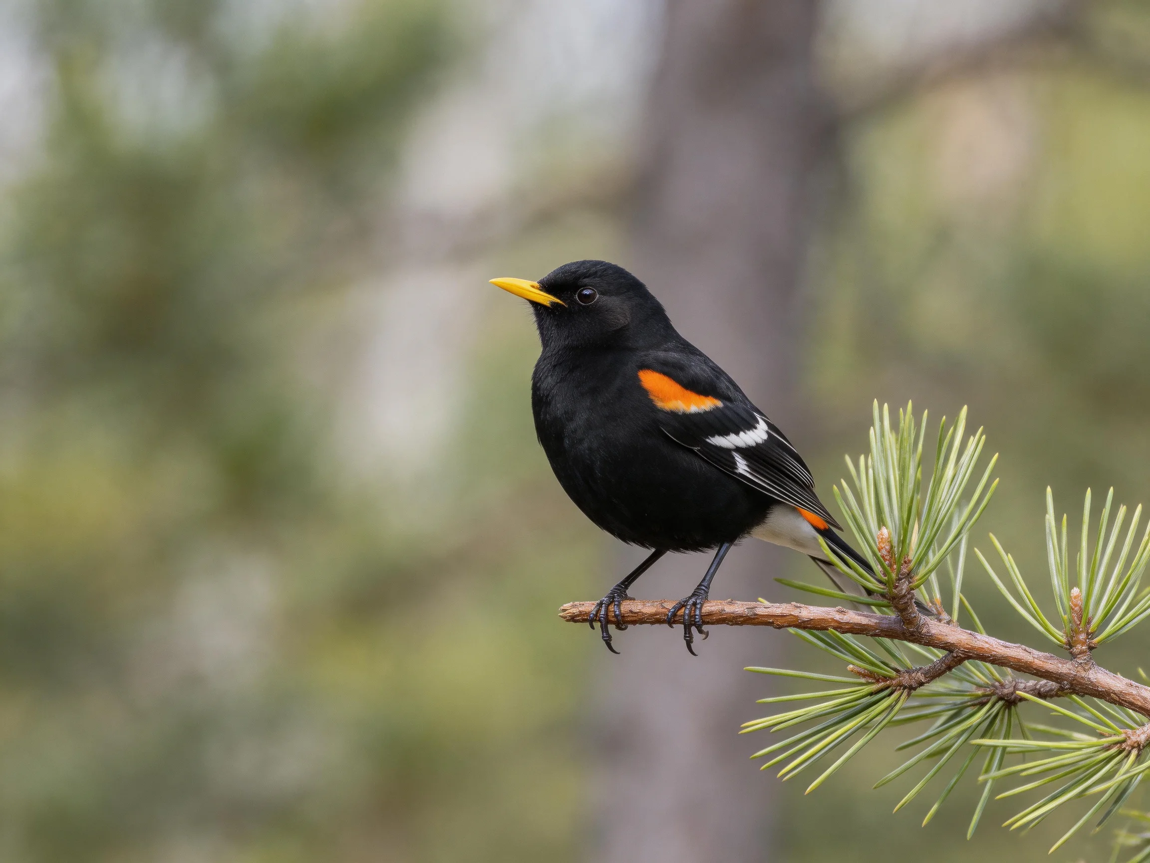 A black bird with orange markings perched on a pine branch