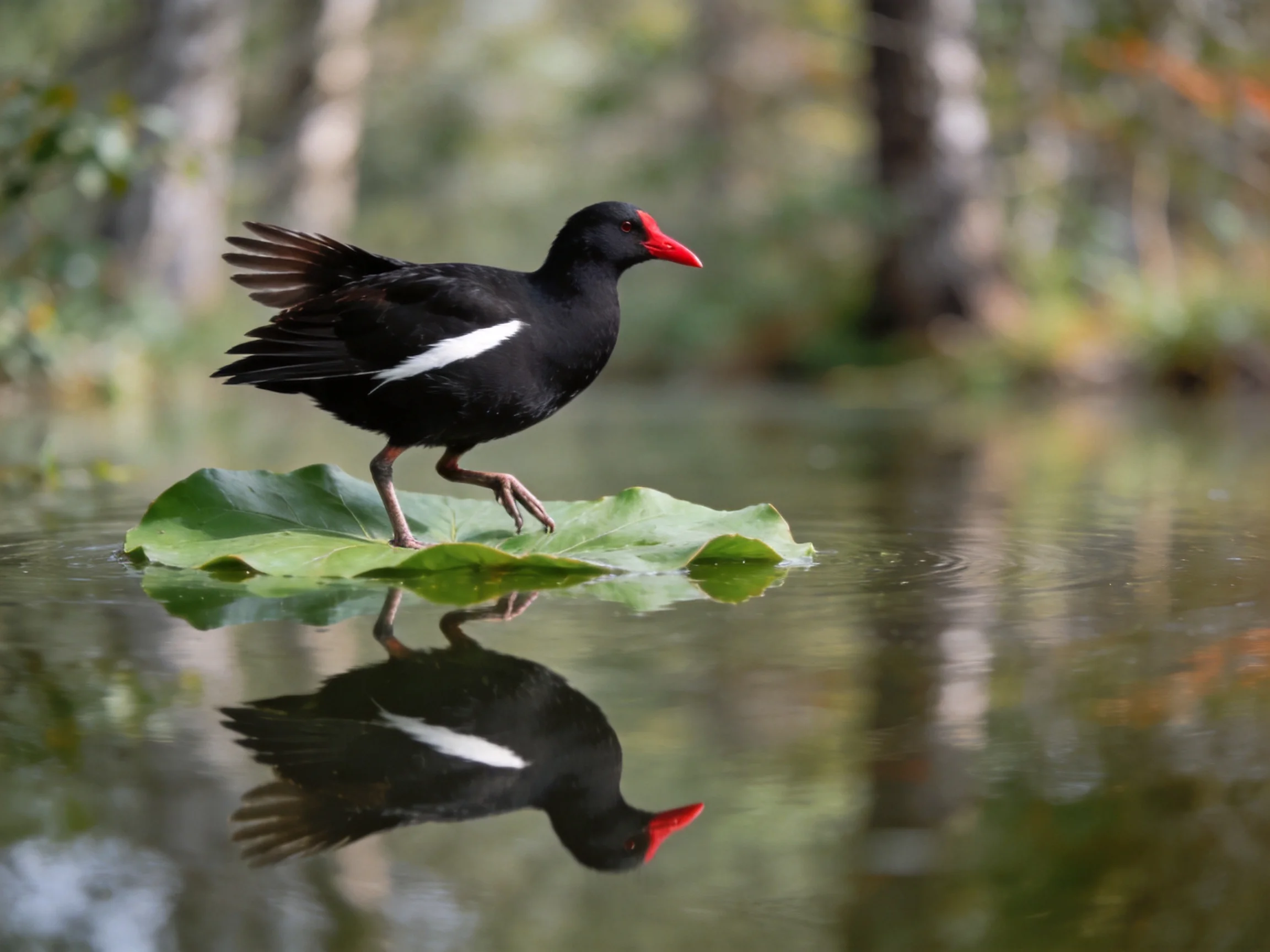 A black bird with red beak on a large green lily pad in calm water