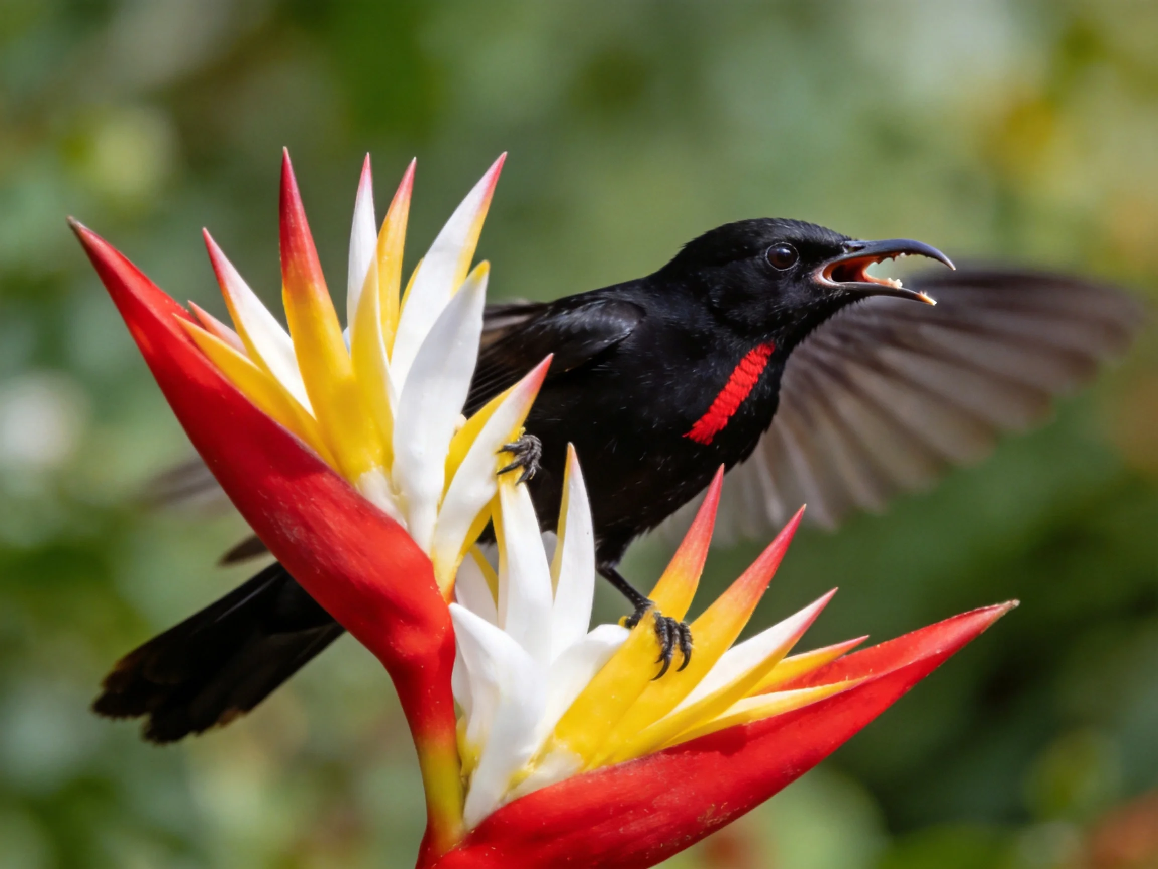 A black bird with red markings perches on vibrant heliconia flowers