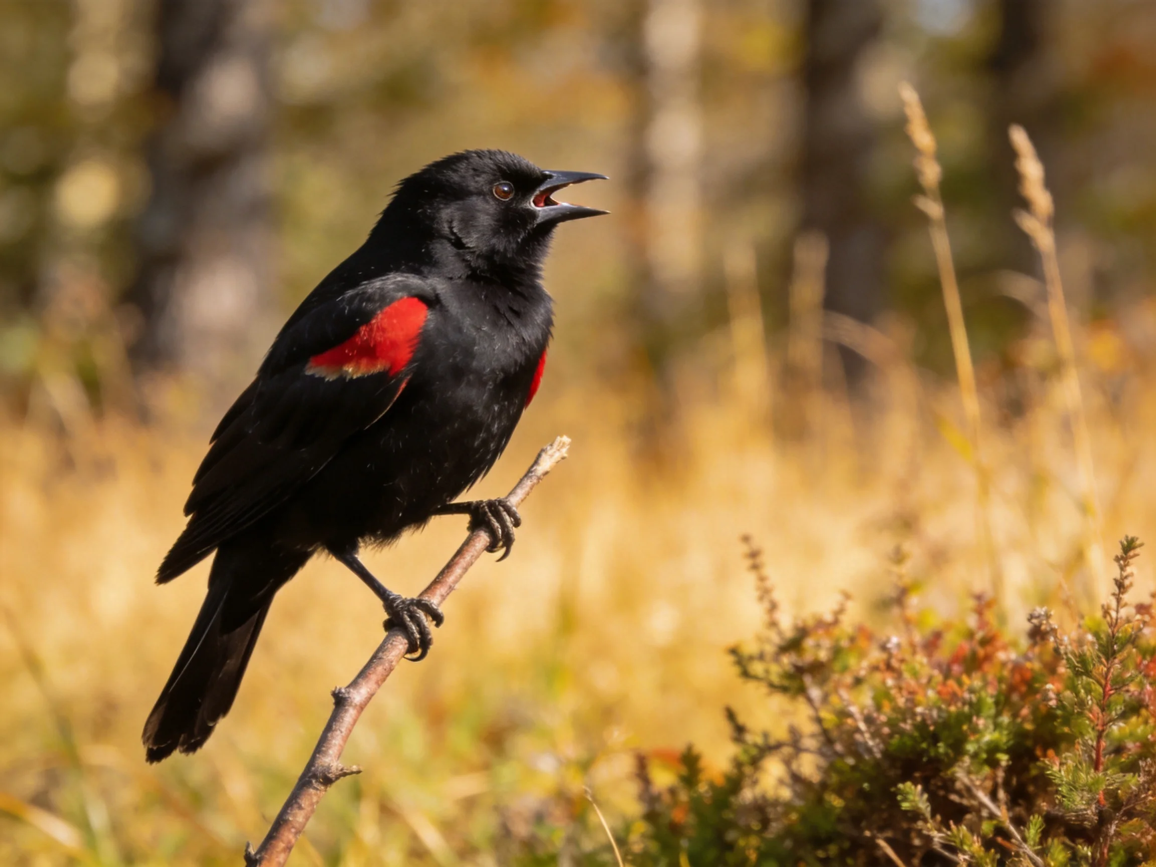 A black bird with red wing patches perches on a thin branch