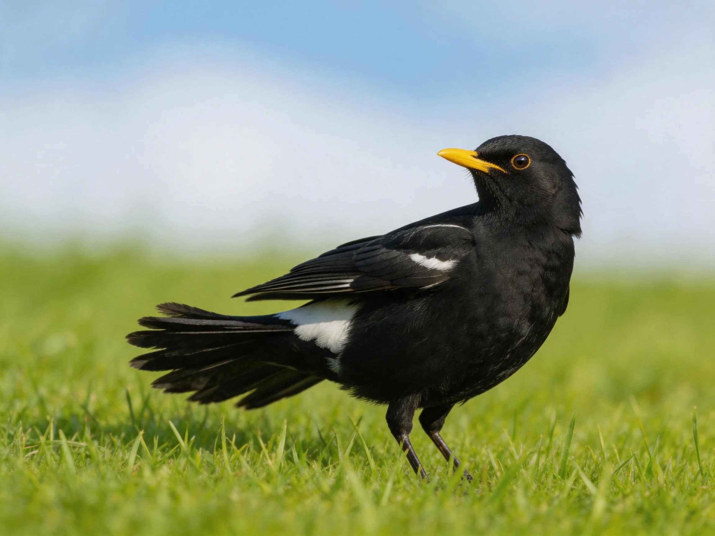 A black bird with white markings and yellow beak on green grass