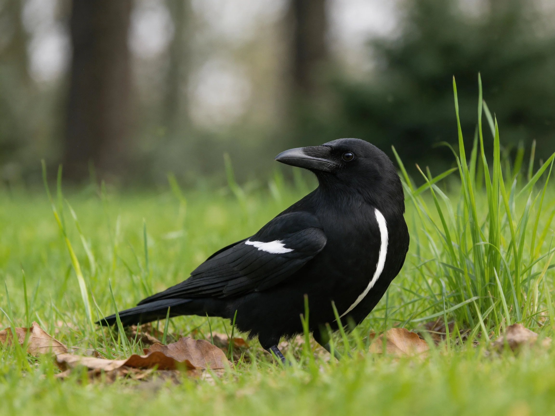 A black bird with white markings on grass near trees