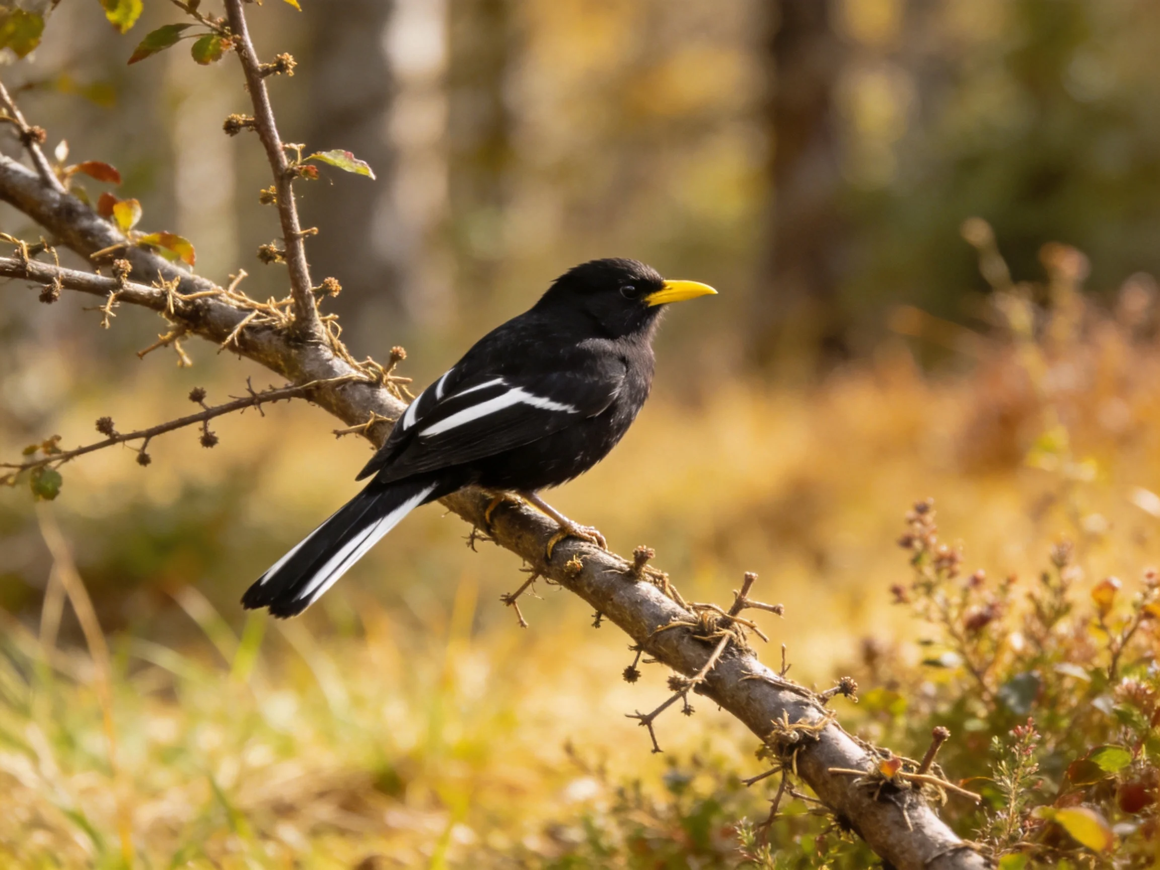 A black bird with white markings perches on a thorny branch in a sunlit forest