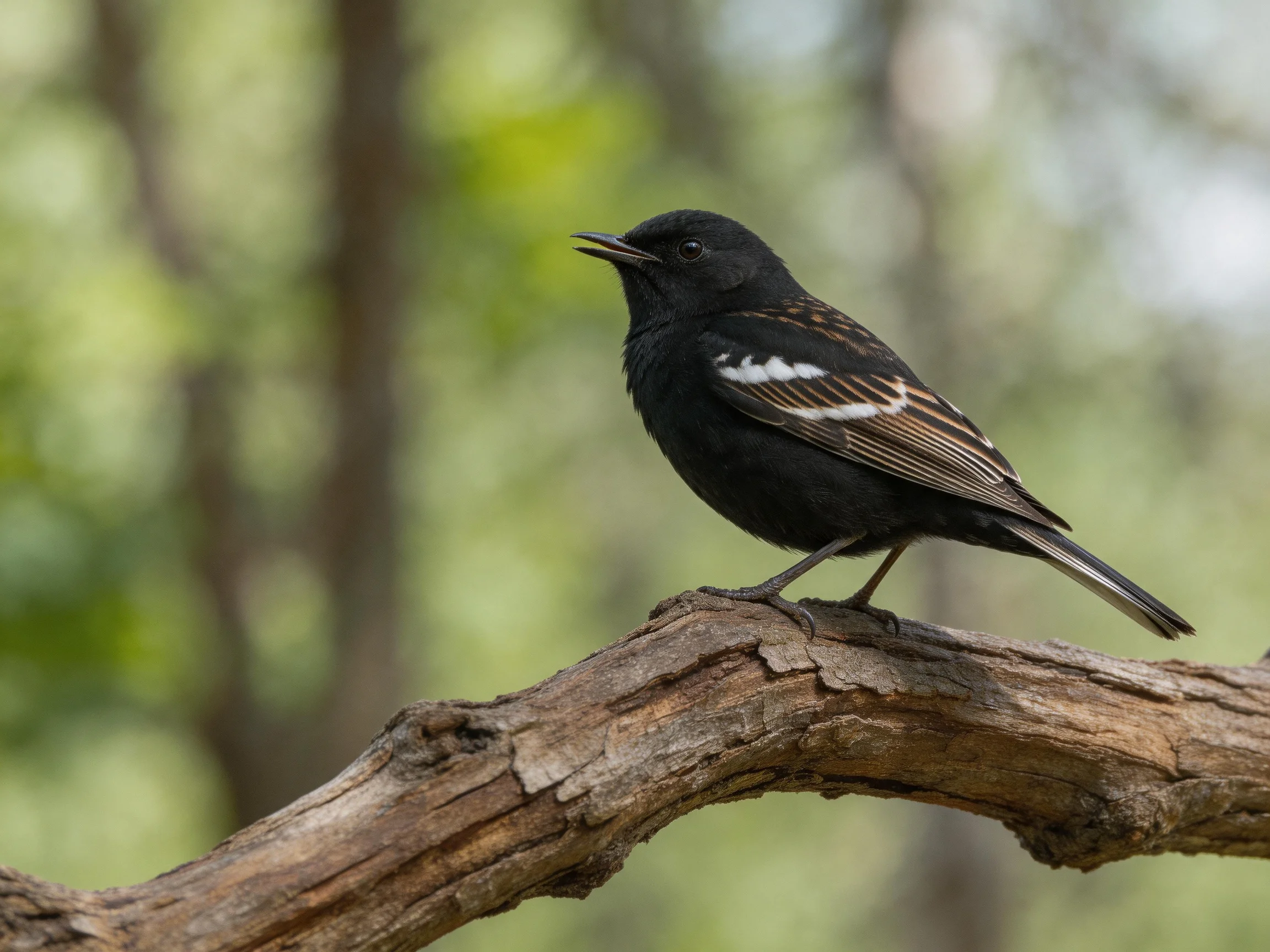 A black bird with white wing markings perched on a weathered tree branch