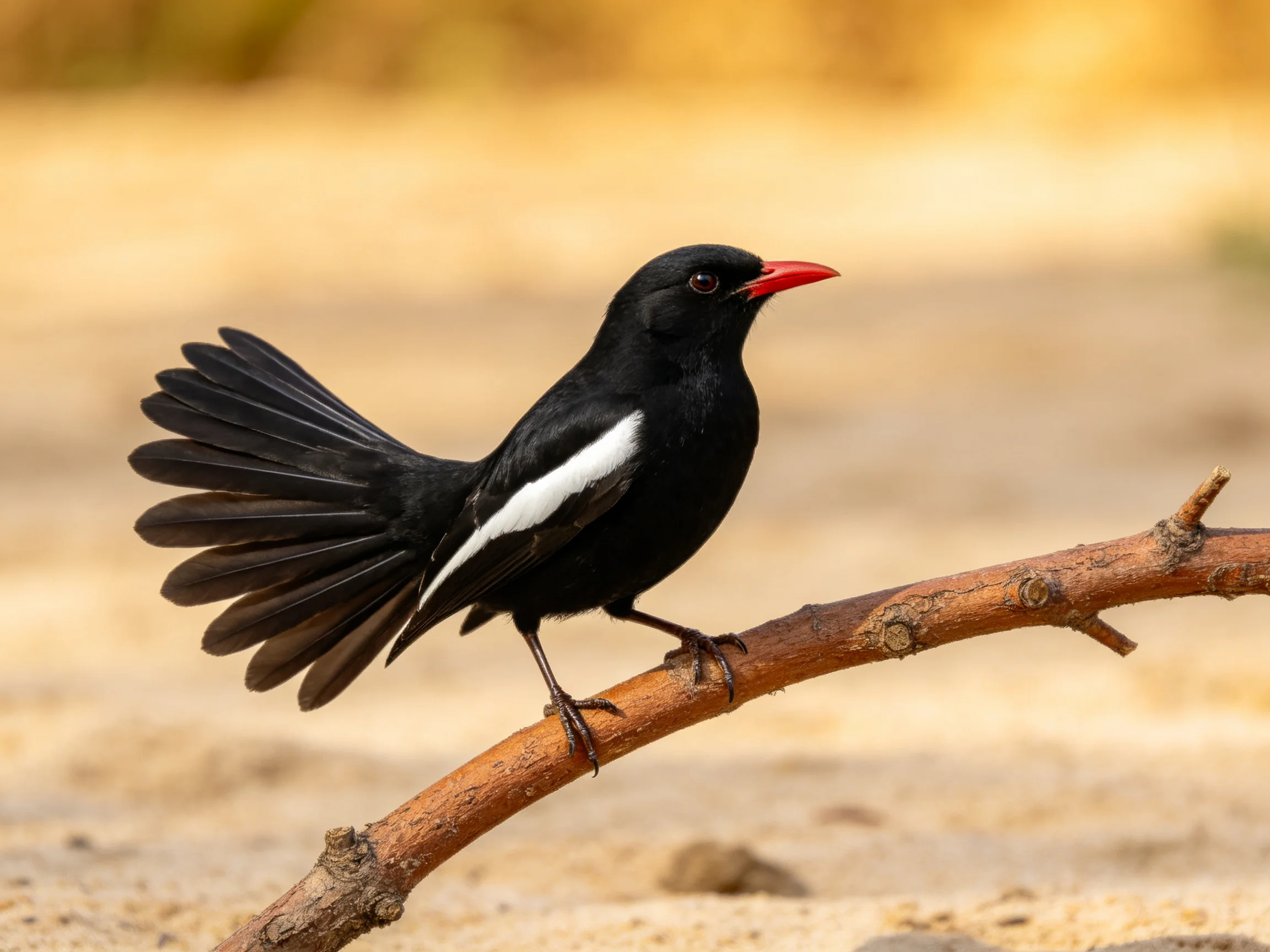 A black bird with white wing patch perches on a brown branch