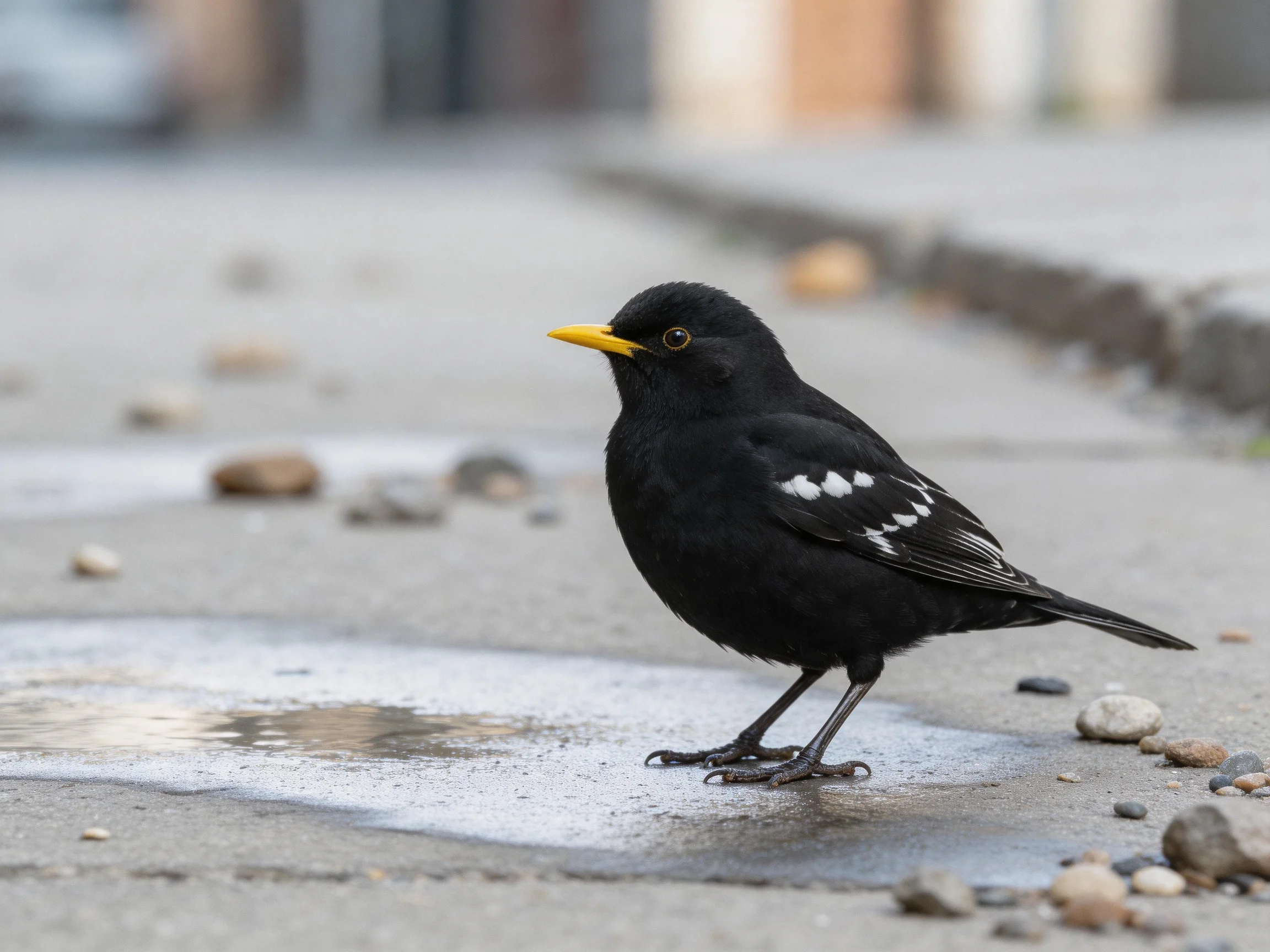 A black bird with white wing patches on a wet pavement