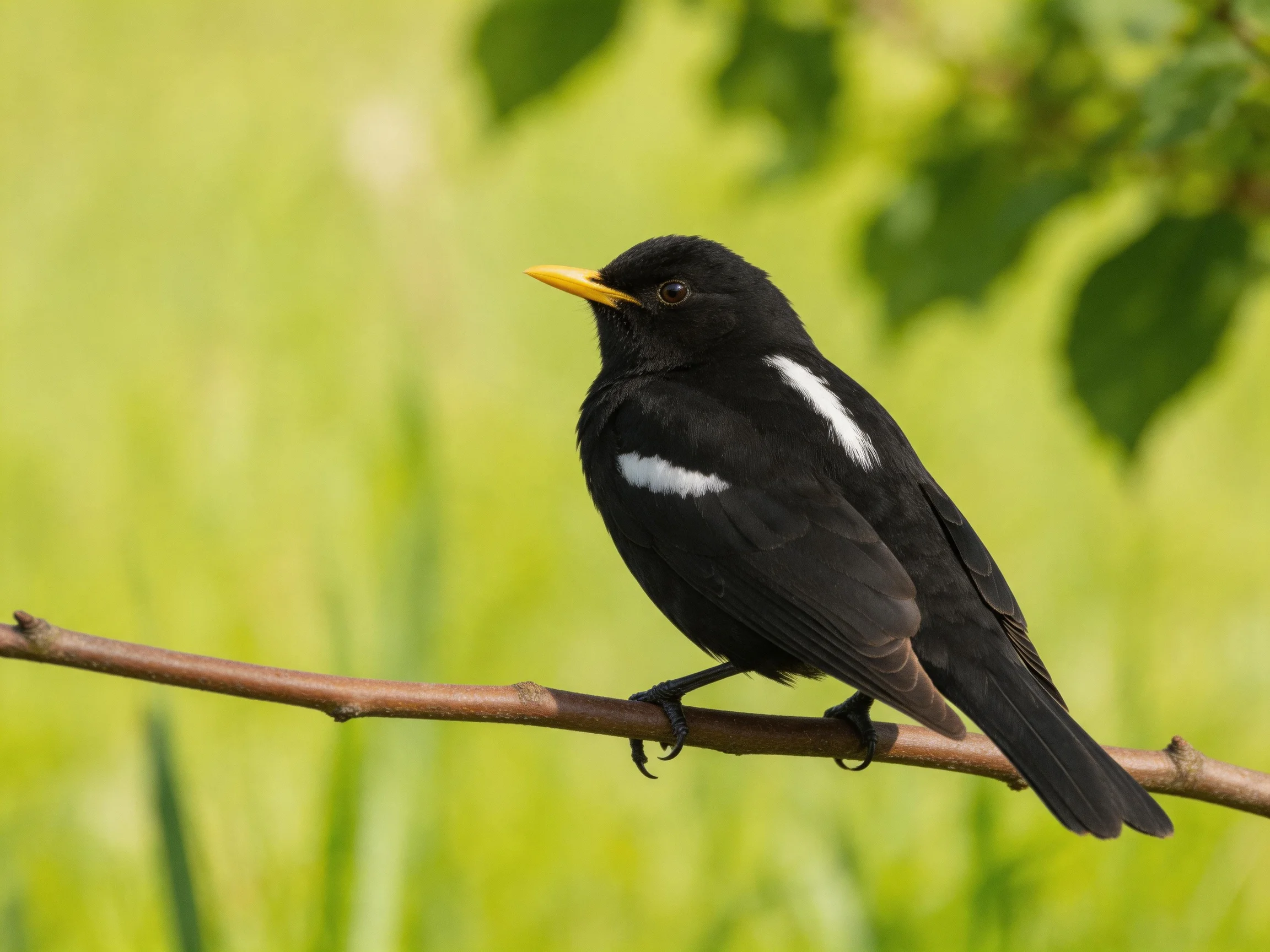 A black bird with white wing patches perches on a brown branch