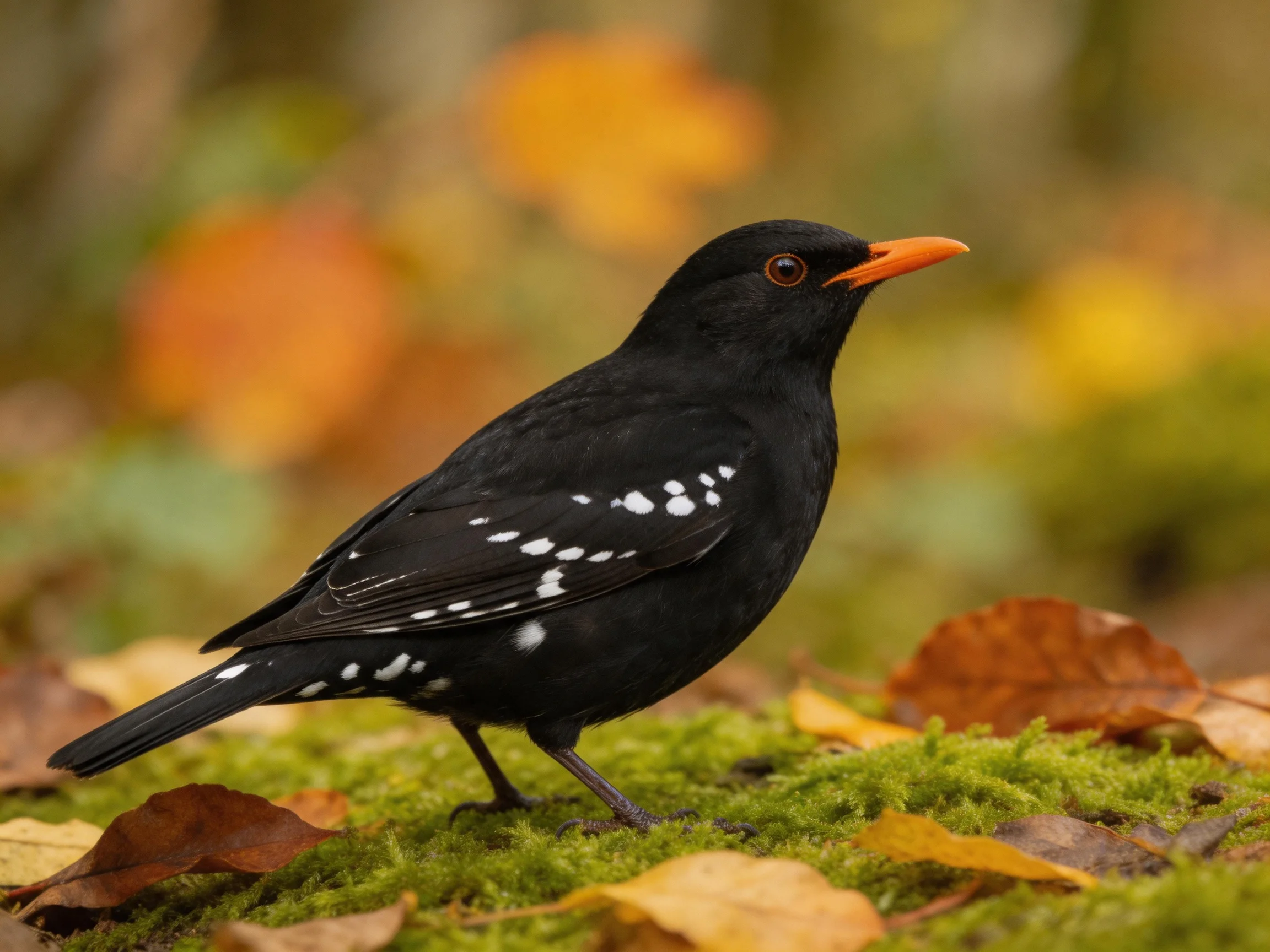 A black bird with white wing spots on moss amid autumn leaves