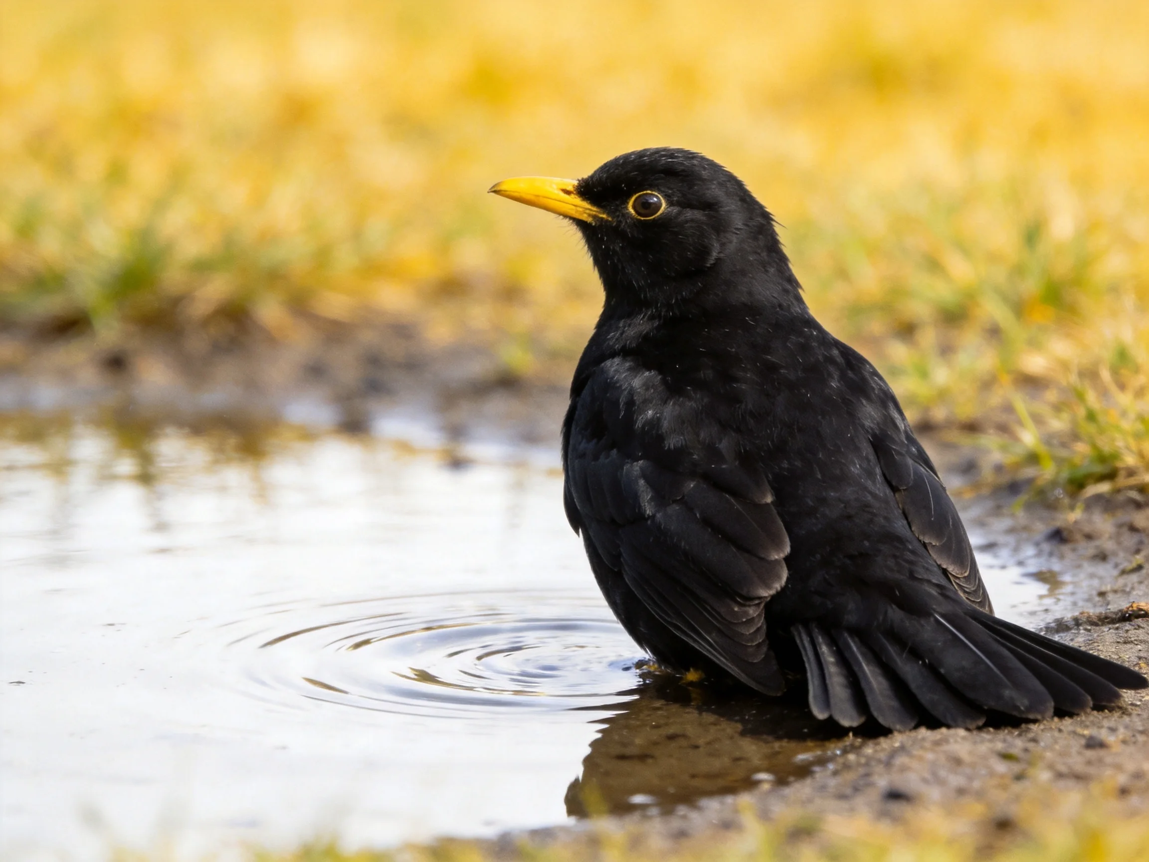 A black bird with yellow beak bathing in a shallow puddle