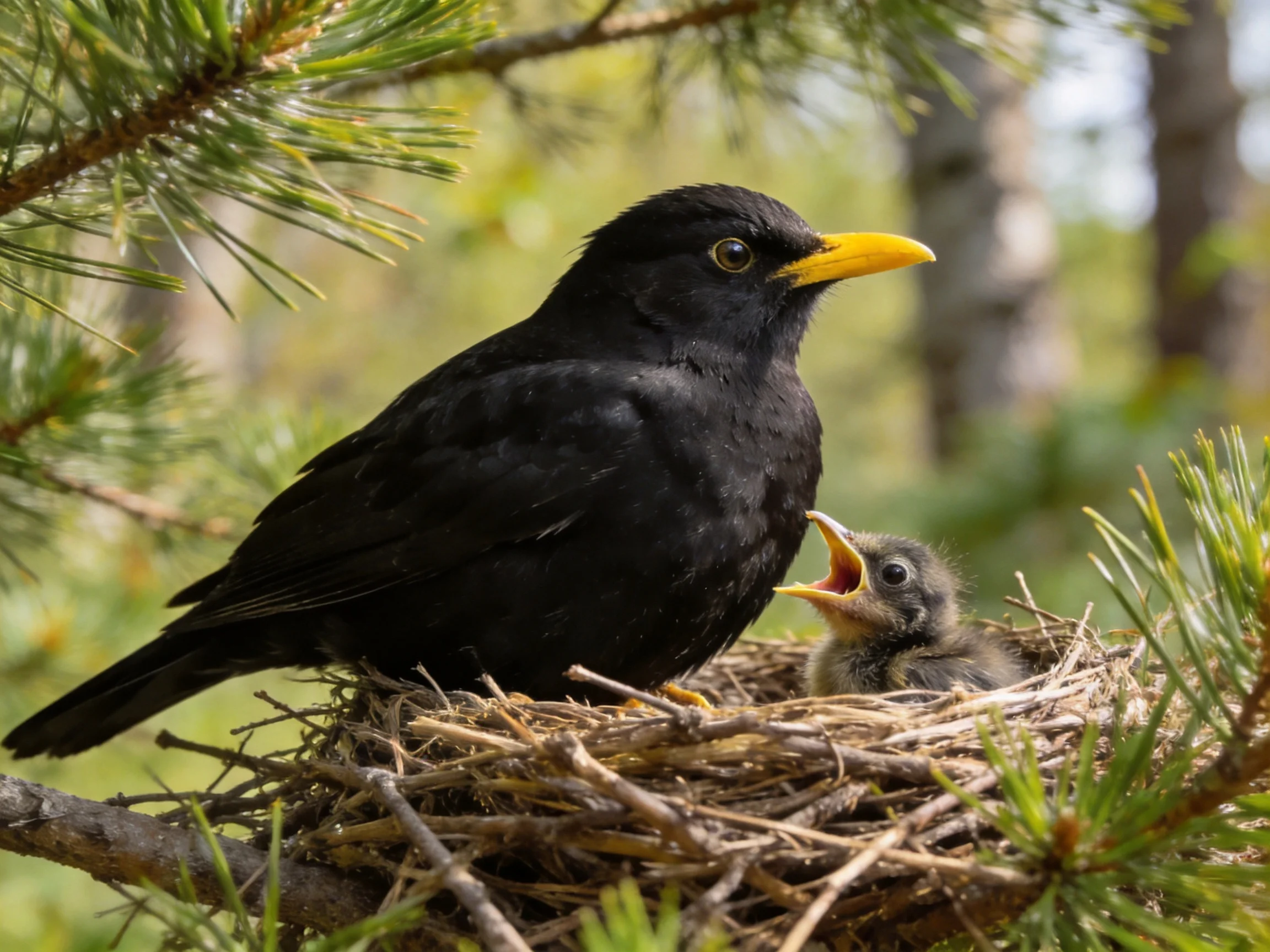 A black bird with yellow beak nurturing chick in pine tree nest