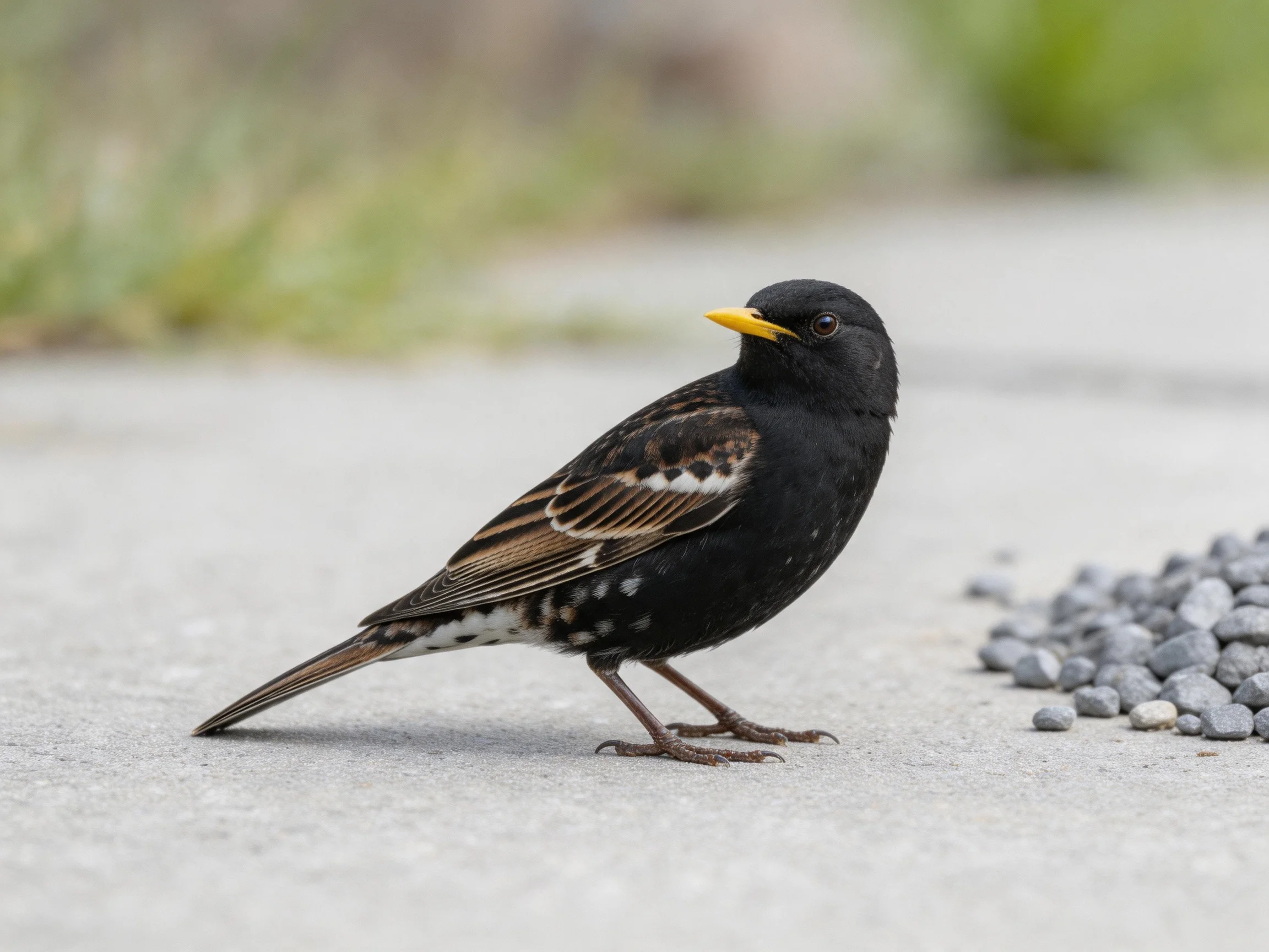 A black bird with a yellow beak stands on concrete near pebbles.
