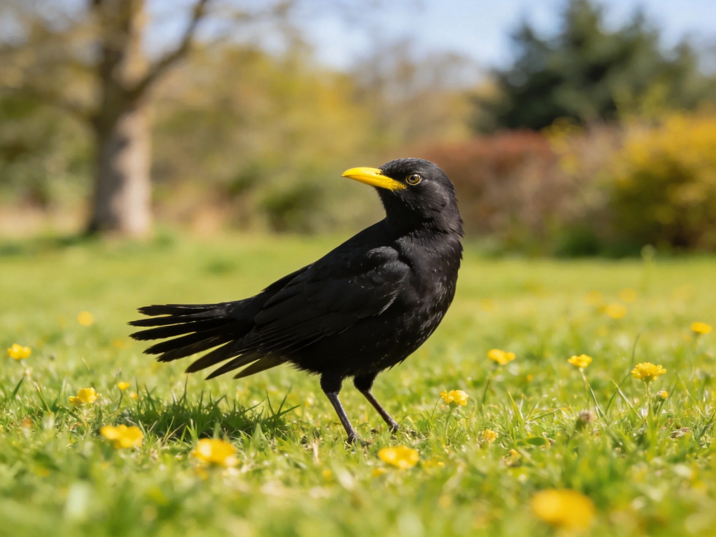 A black bird with yellow beak on grass with yellow flowers