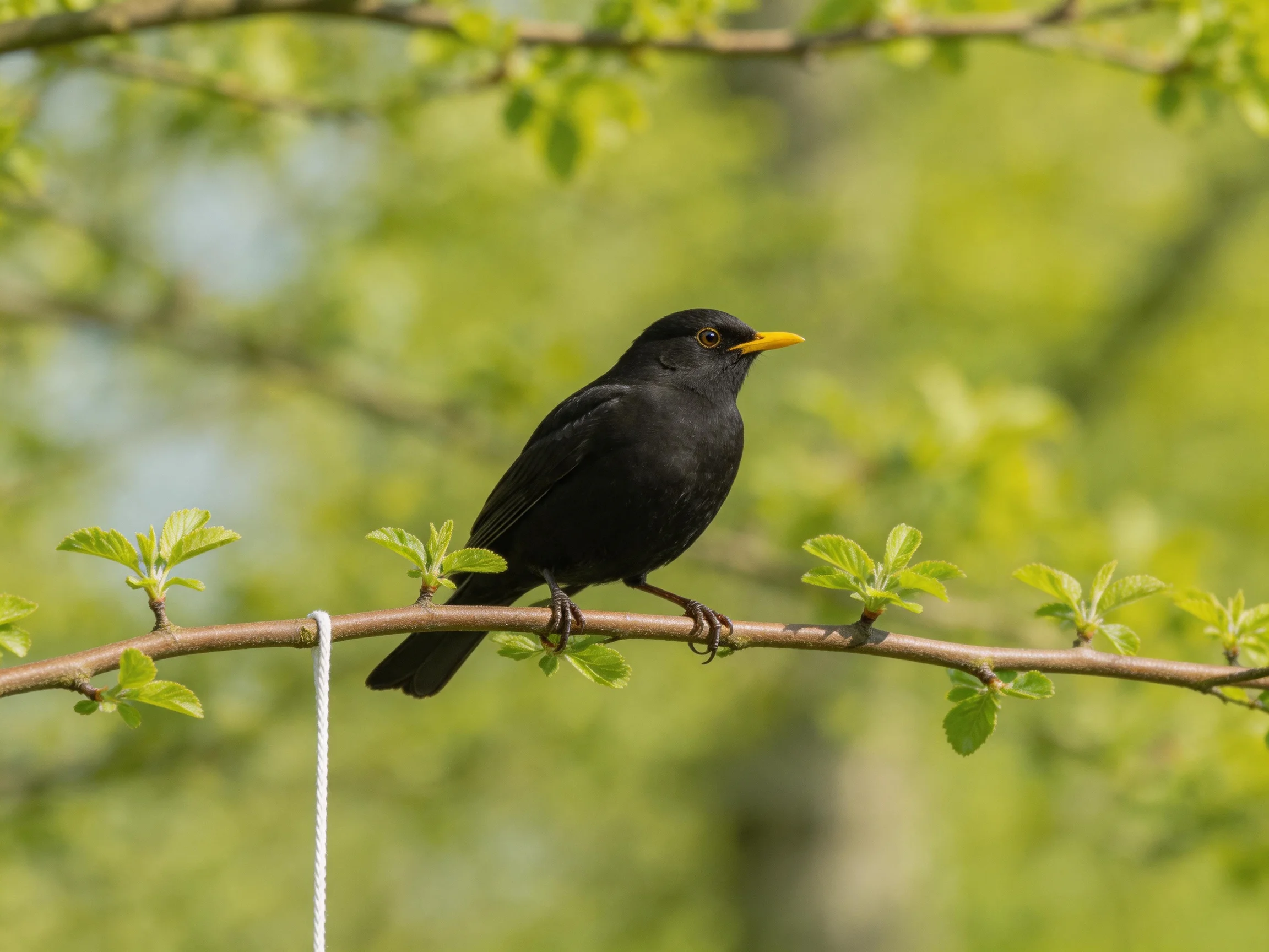 A black bird with yellow beak perched on a leafy branch